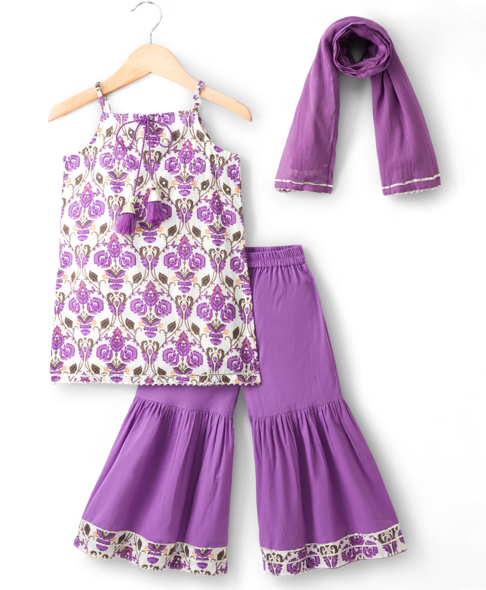 Babyhug Cotton Woven Sleeveless Cambric Printed Kurta & Gharara Set with Dupatta - Purple-image-21