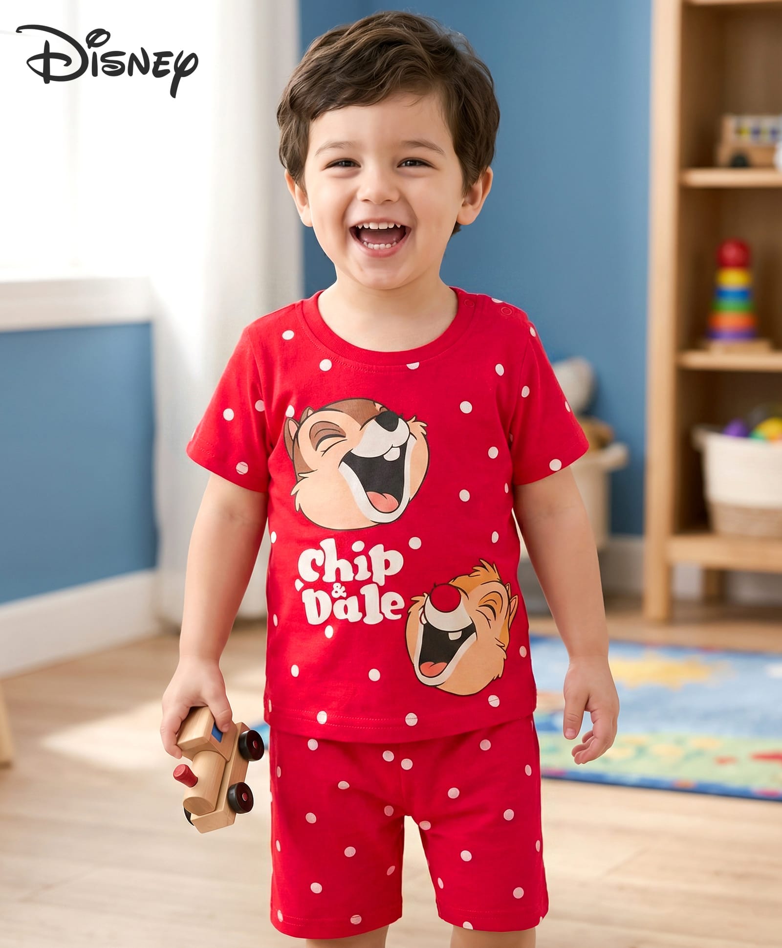 Babyhug Disney Single Jersey Knit Half Sleeves Shorts Night Suit With Chip N Dale Graphics - Red-image-14