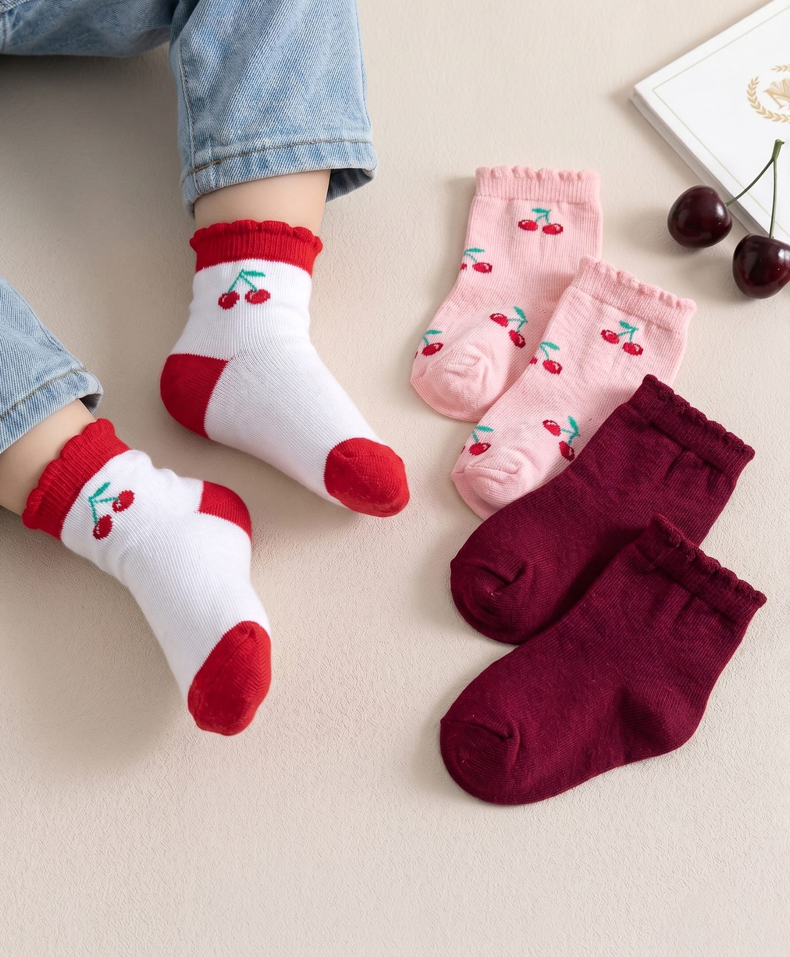 Cute Walk By Babyhug Knit Ankle Length Antibacterial Socks with Cherry Design Pack of 3 - Maroon Pink & White-image-38