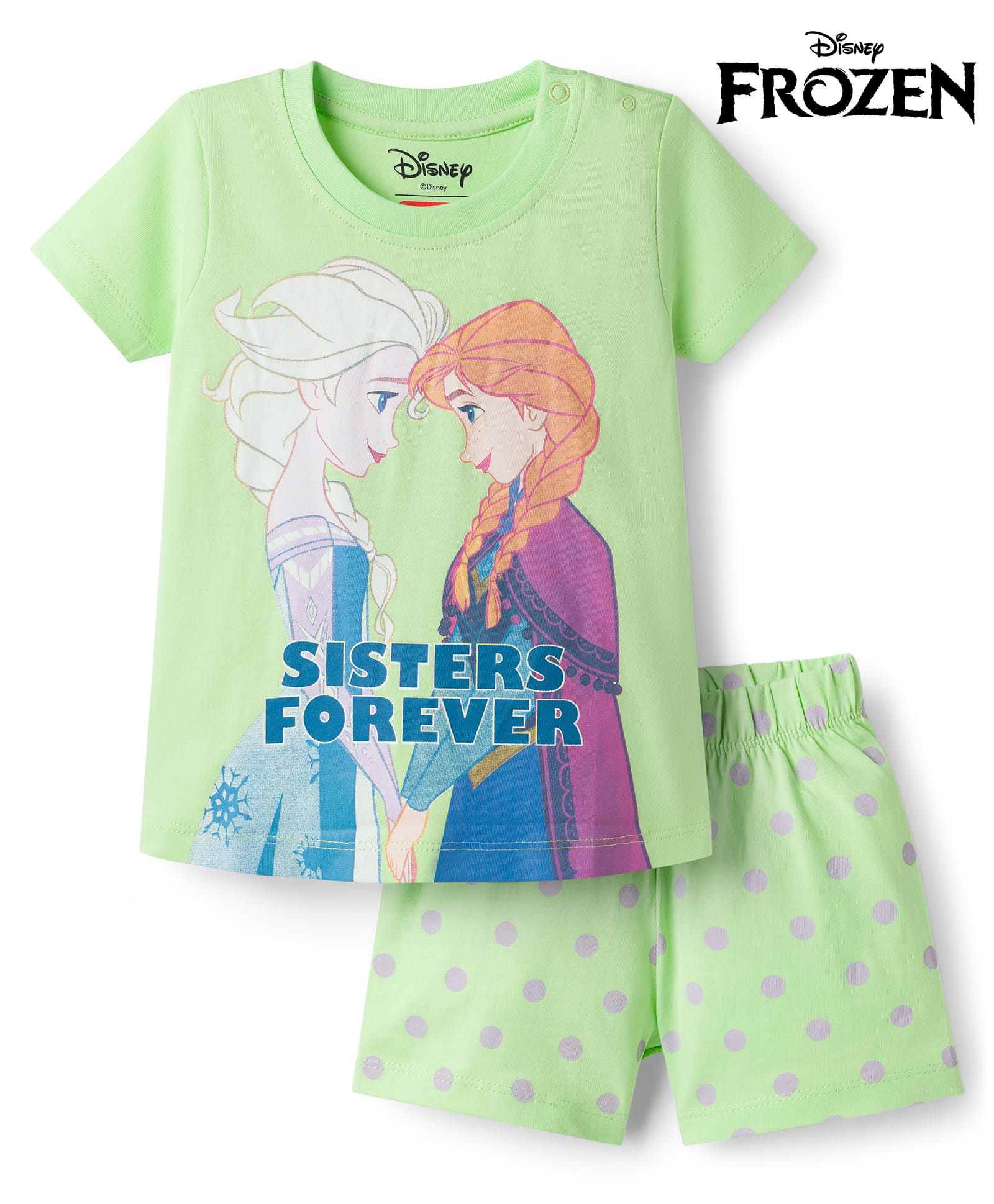 Babyhug Disney Single Jersey Knit Half Sleeves Short Night Suit With Disney Princess Else & Anna Graphics - Lime Green-image-40