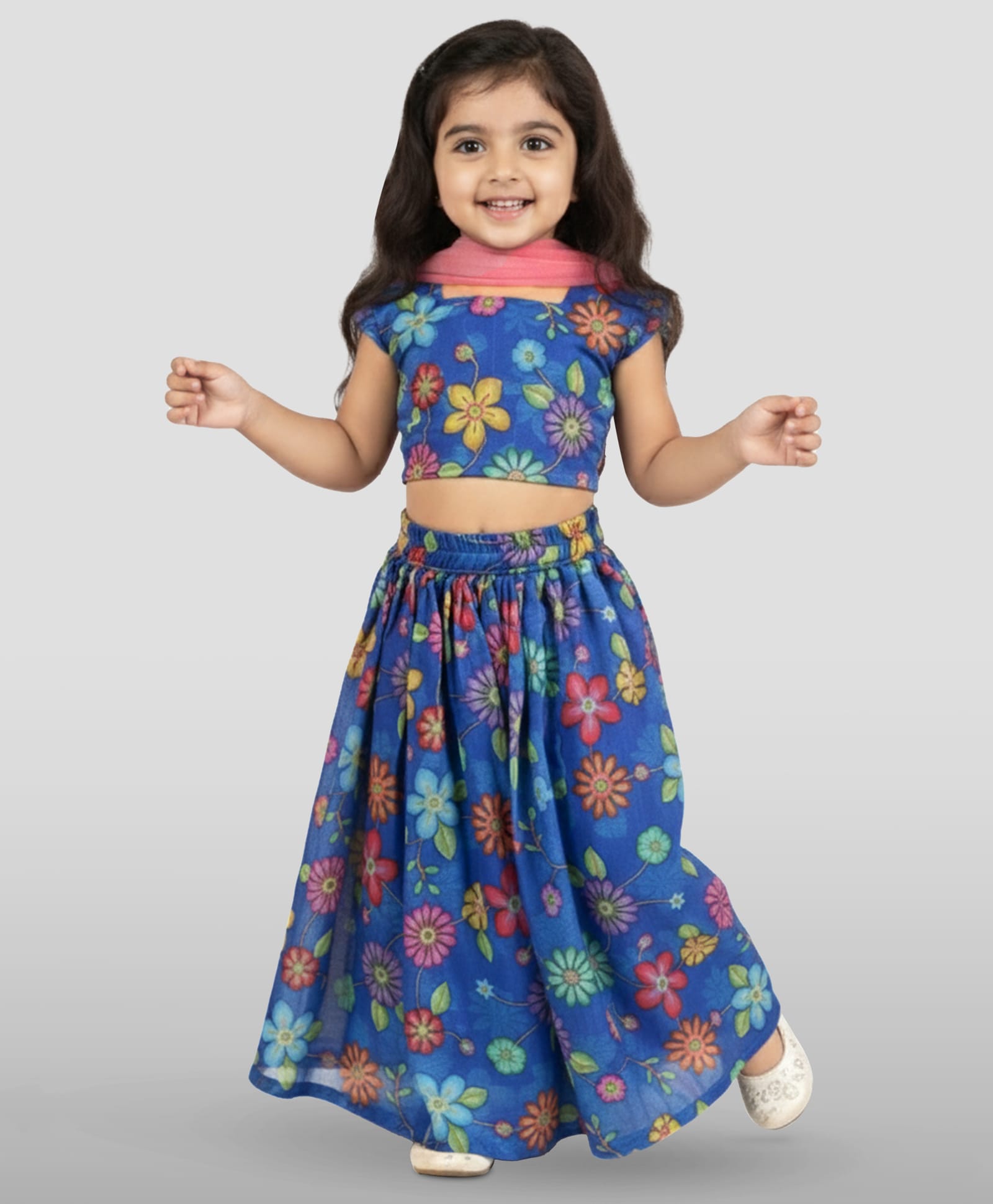 Vastramay Organza Woven Sleeveless Floral Printed & Embroidered Lehenga Choli Set With Dupatta - Blue-image-41