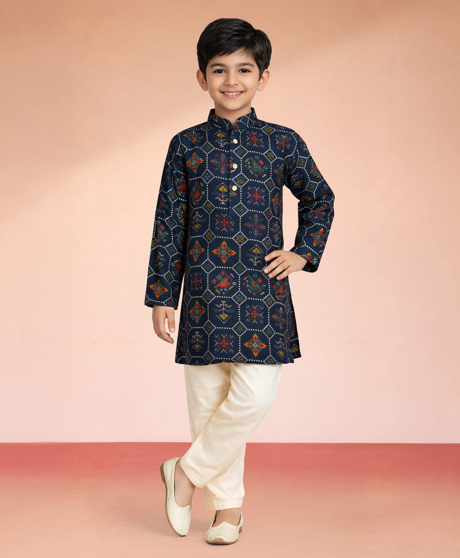 Vastramay Rayon Woven Full Sleeves Ethnic Printed Kurta & Pyjama Set - Navy Blue-picture-11