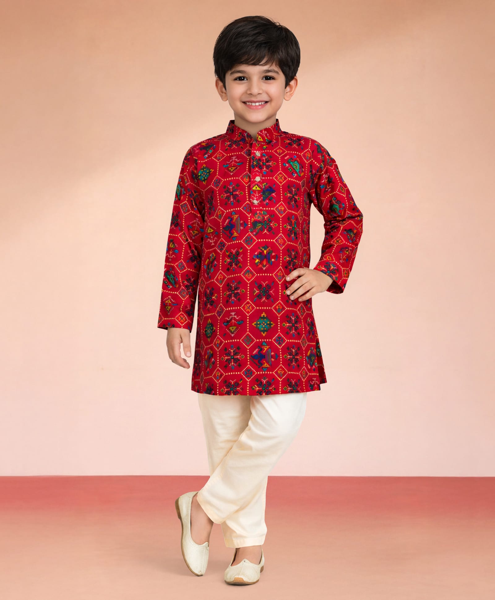 Vastramay Rayon Woven Full Sleeves Ethnic Printed Kurta & Pyjama Set - Red-image-5