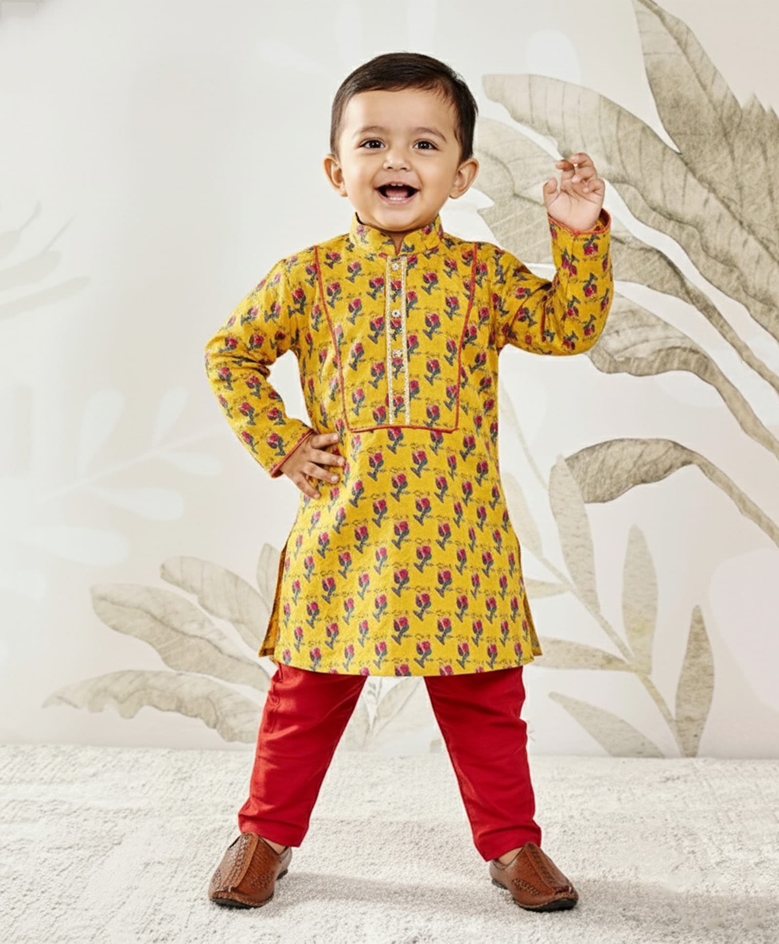 Vastramay Cotton Woven Full Sleeves Floral Printed Kurta & Pyjama Set - Mustard-image-27