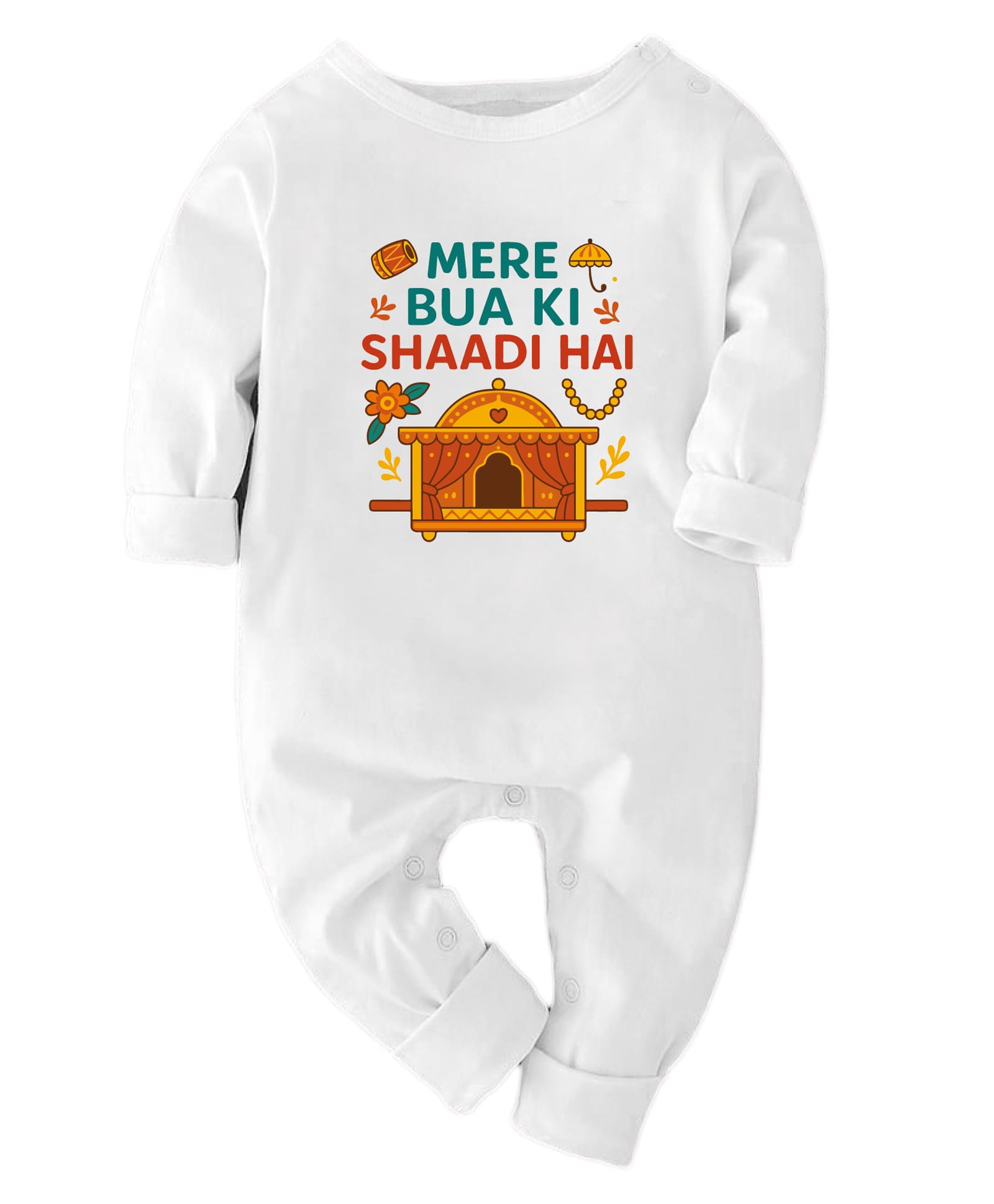 Zeezeezoo 100% Cotton Knit Wedding Theme Full Sleeves Mere Bua Ki Shaadi Hai Text Printed Romper - White-picture-5
