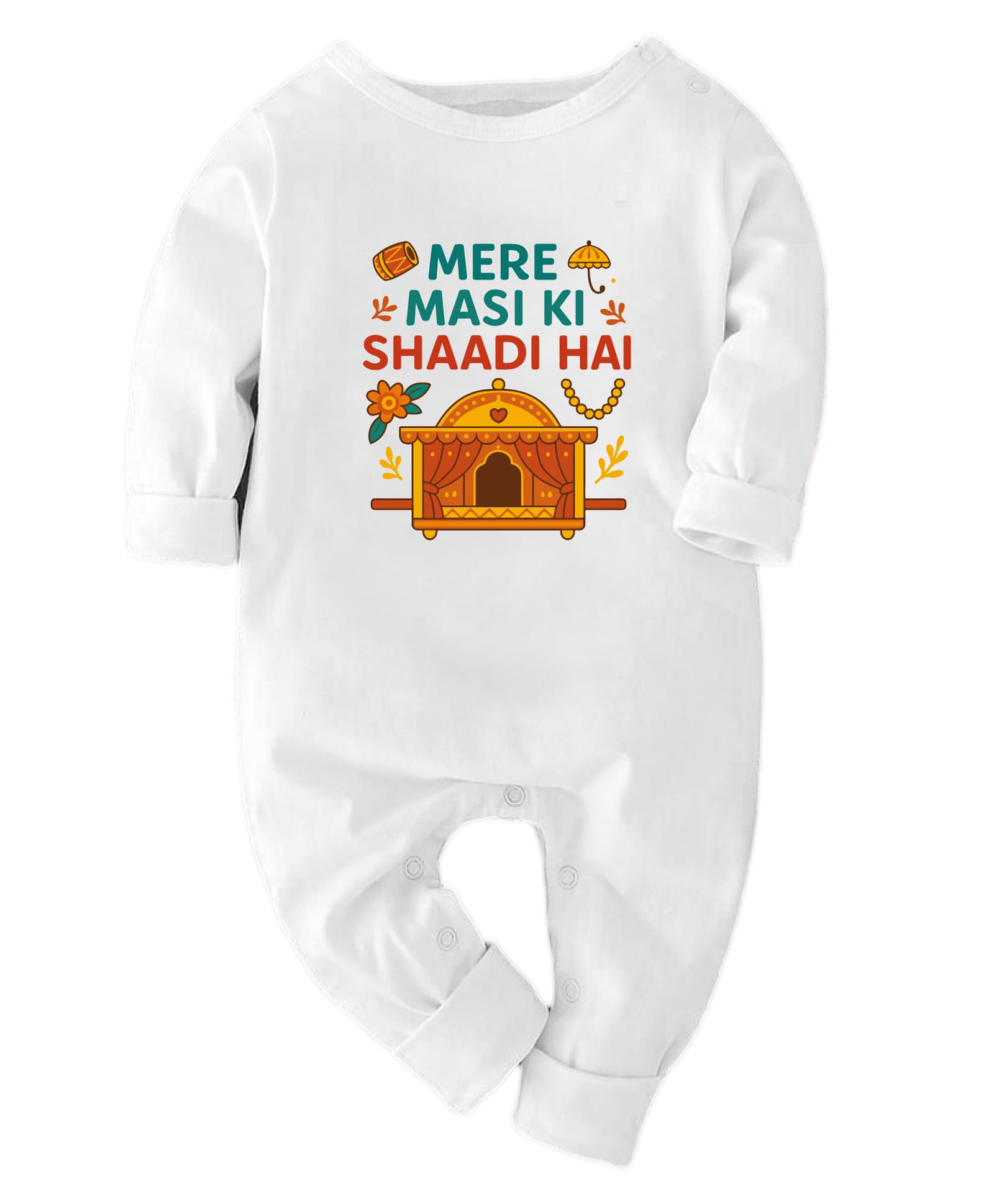 Zeezeezoo 100% Cotton Knit Wedding Theme Full Sleeves Mere Masi Ki Shaadi Hai Text Printed Romper - White-picture-18