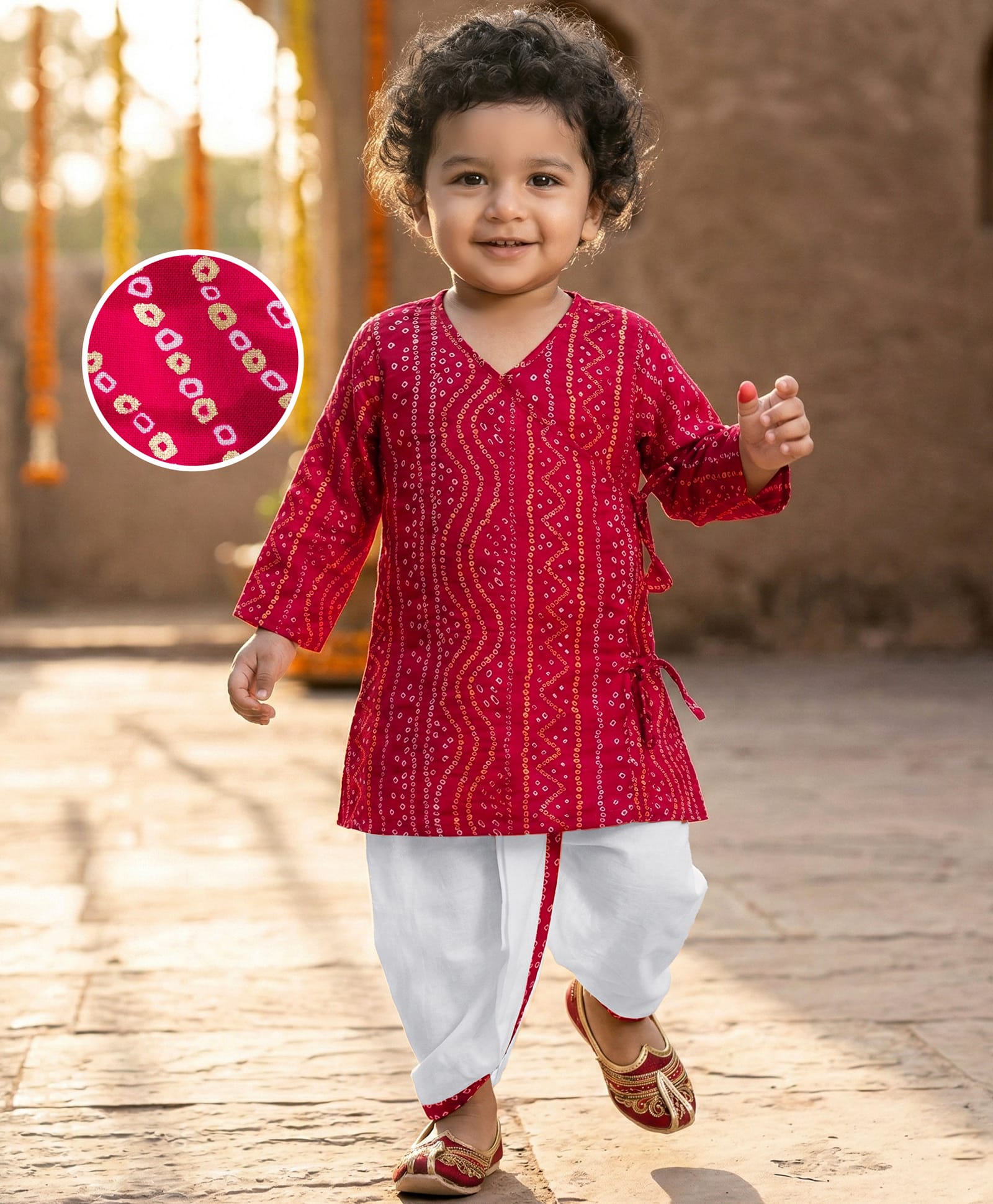 Babyhug Cambric Cotton Woven Full Sleeves Kurta Dhoti Set with Bandhani Print - Fuchsia & White-picture-11