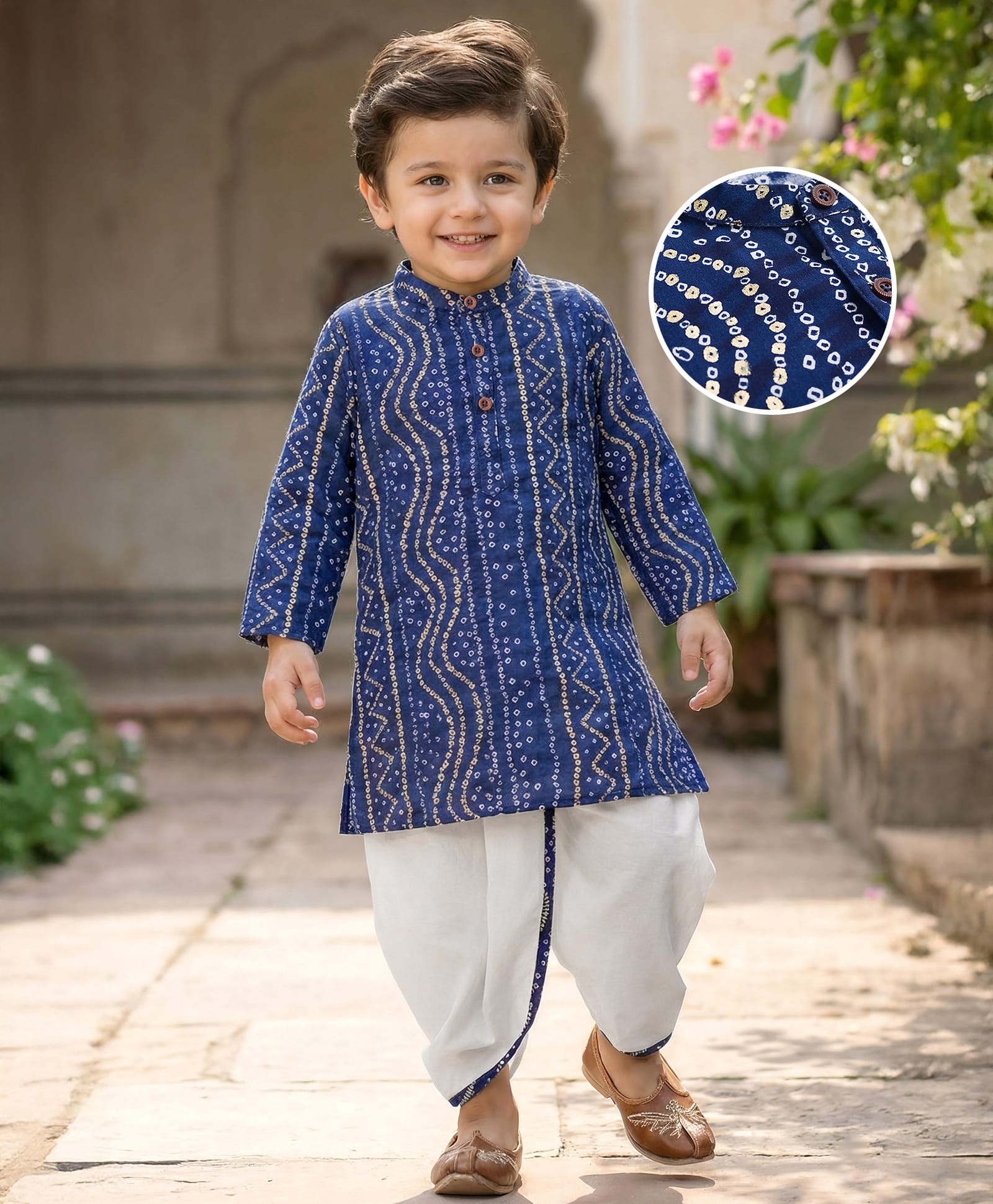 Babyhug Cambric Woven Full Sleeves Kurta Dhoti Set With Bandhani Print - Navy Blue-image-48