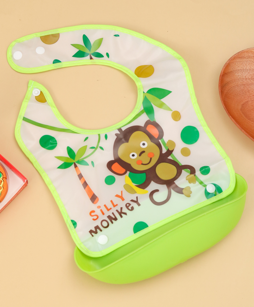 Yellow Bee Baby Feeding Bib With Monkey Print & Food Catcher Tray - Green-image-39