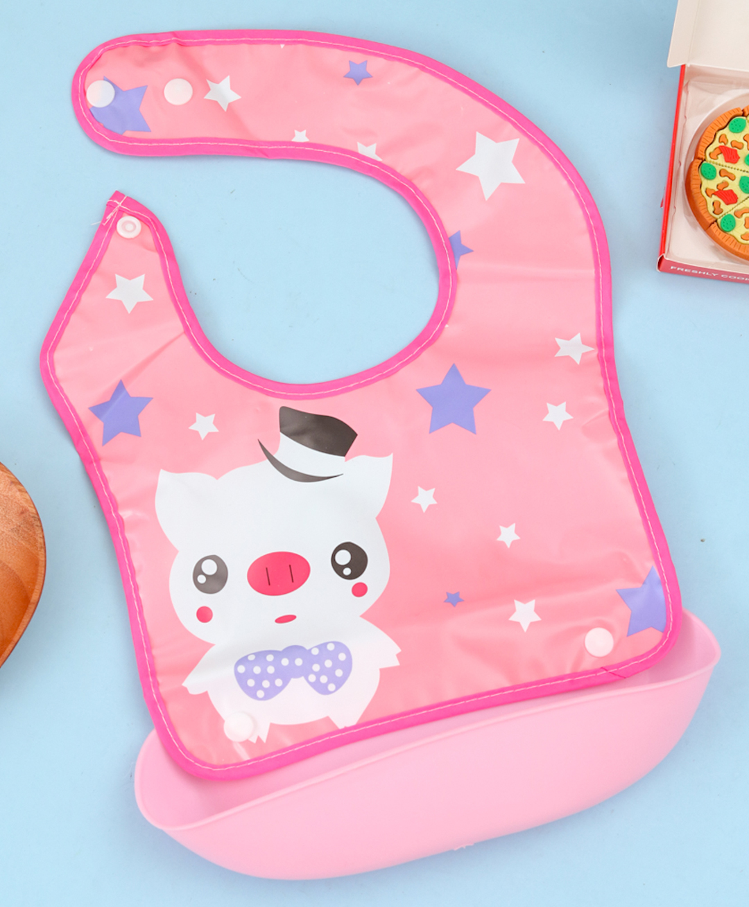 Yellow Bee Baby Feeding Bib With Kitty Print & detachable Food Catcher Tray - Pink-image-35