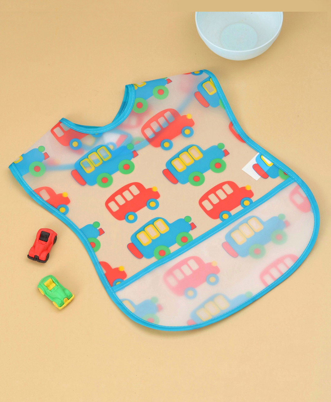 Yellow Bee Baby Feeding Bib Multicolor Vehicle Print with Pocket - Blue-picture-18
