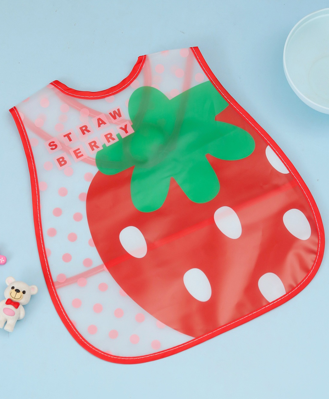 Yellow Bee Baby Feeding Bib with Fun Strawberry Design and Pocket - Red-image-11