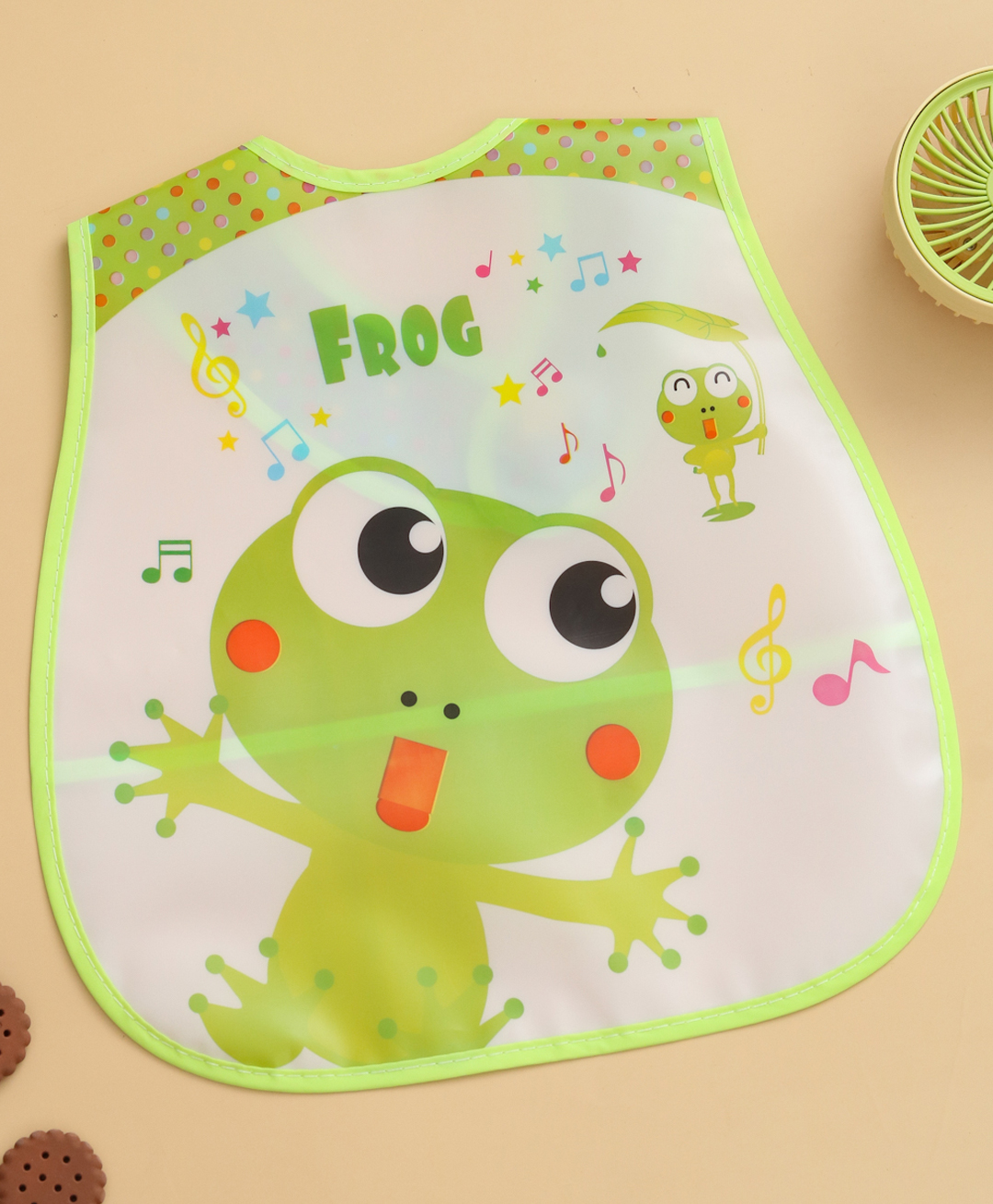 Yellow Bee Baby Feeding Bib With Musical Frog Print & Spill Catcher - Green-image-6