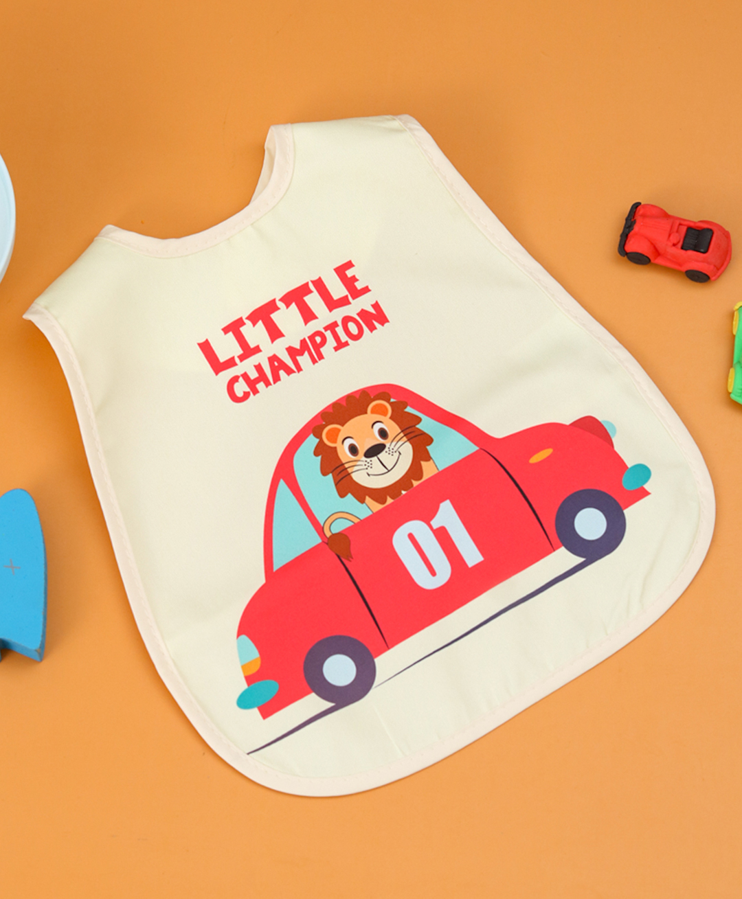 Yellow Bee Baby Feeding Bib with Car & Lion Champion Design - Beige-image-29