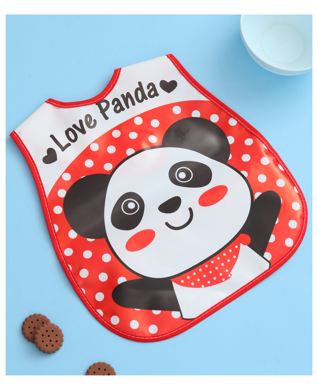 Yellow Bee Baby Feeding Bib with Smiling Panda in Polka Style - Red-picture-15