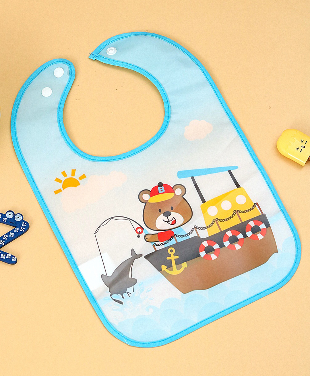 Yellow Bee Baby Feeding Bib with Fisher Bear on Boat with Shark Design - Blue-image-7