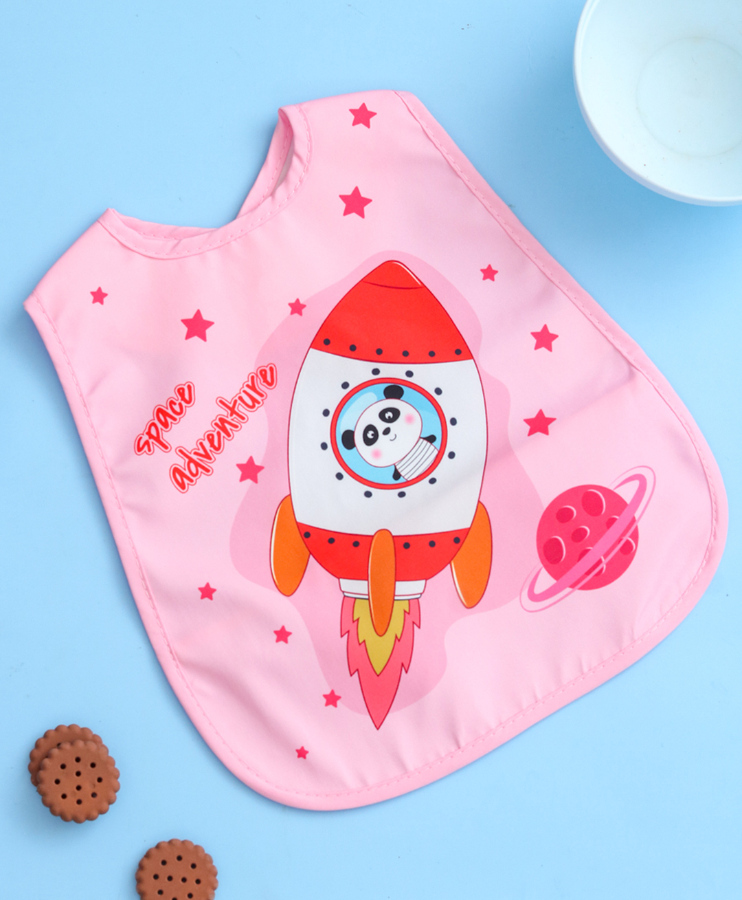 Yellow Bee Baby Feeding Bib with Space Panda in Rocket Print - Pink-image-26