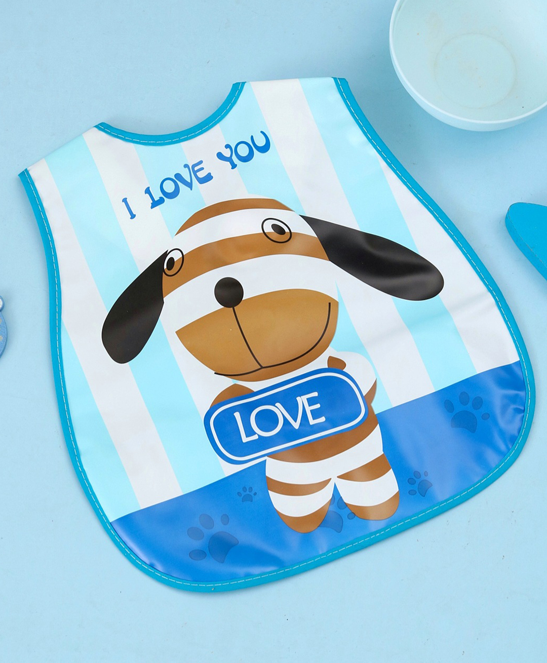 Yellow Bee Baby Feeding Bib with Puppy Love Theme with Stripes -Blue-image-46