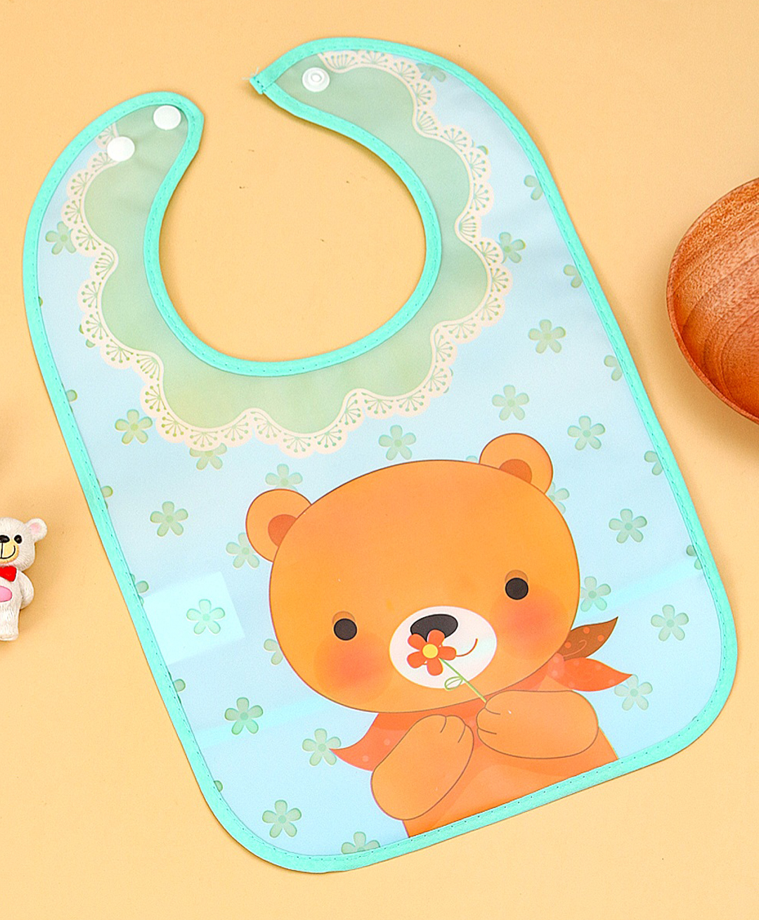 Yellow Bee Baby Feeding Bib with Sweet Bear & Flower Graphic - Blue-image-6