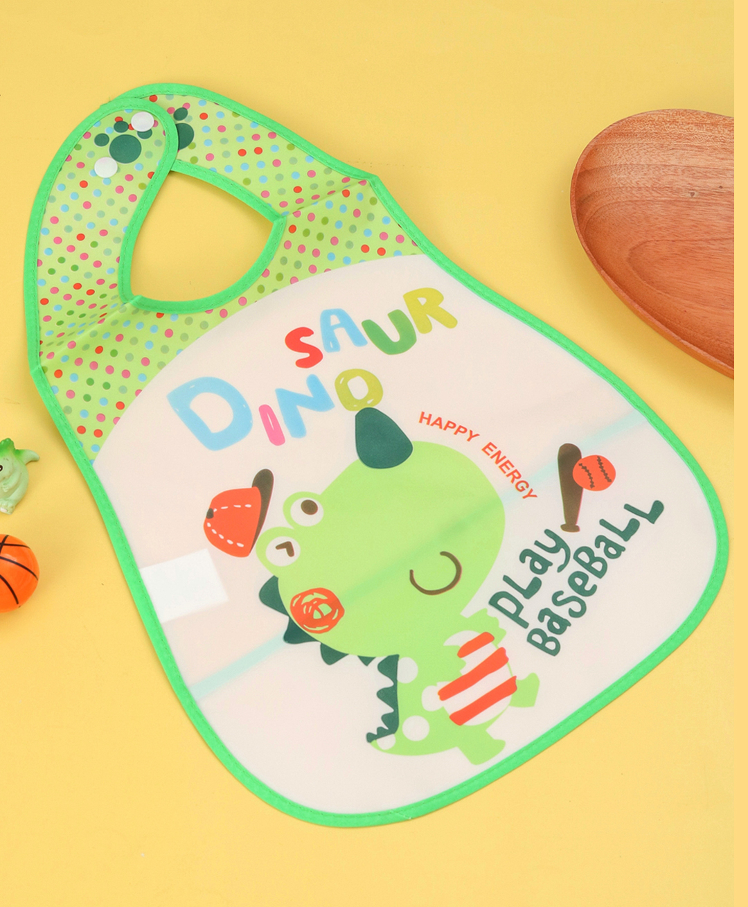 Yellow Bee Baby Feeding Bib with Cute Dinosaur Playing Baseball Design - Green-image-7
