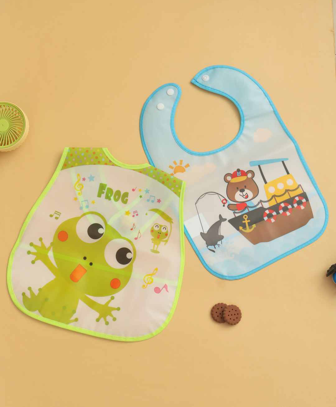 Yellow Bee Set of 2 Bibs Combo of Fishing Bear & Musical Frog Print - Blue & Green-image-19