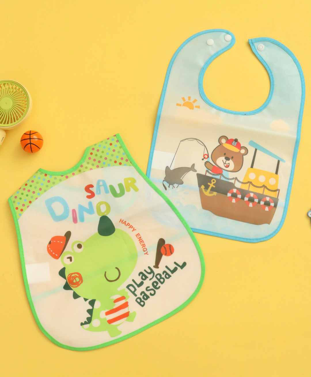 Yellow Bee Set of 2 Waterproof Bib Combo of Fishing Bear & Play Baseball with Dino Design - Blue & Green-image-47