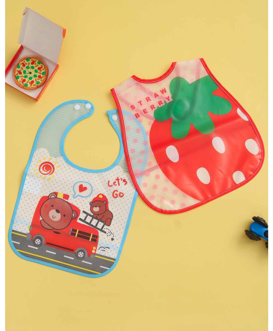Yellow Bee Set of 2 Bib Combo of Firefighter Bear & Strawberry Print - Red & Blue-image-12