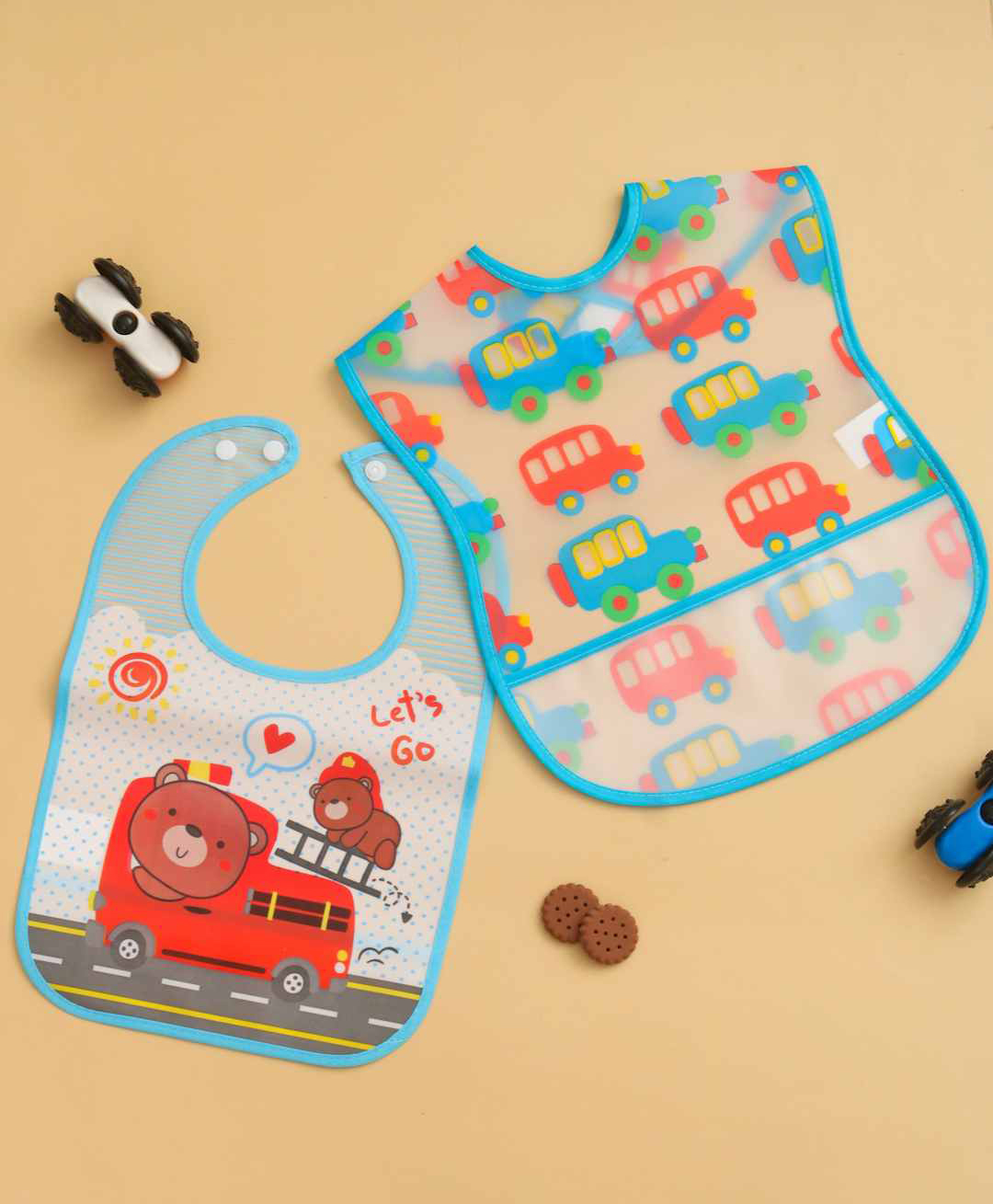 Yellow Bee Set of 2 Feeding Bib Combo of Firefighter Bear & Vehical Design - Blue-image-45