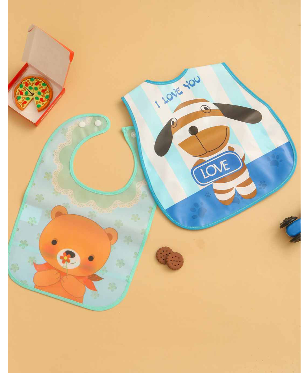 Yellow Bee Set of 2 Waterproof Bib Combo of Puppy & Bear Design - Blue-image-8