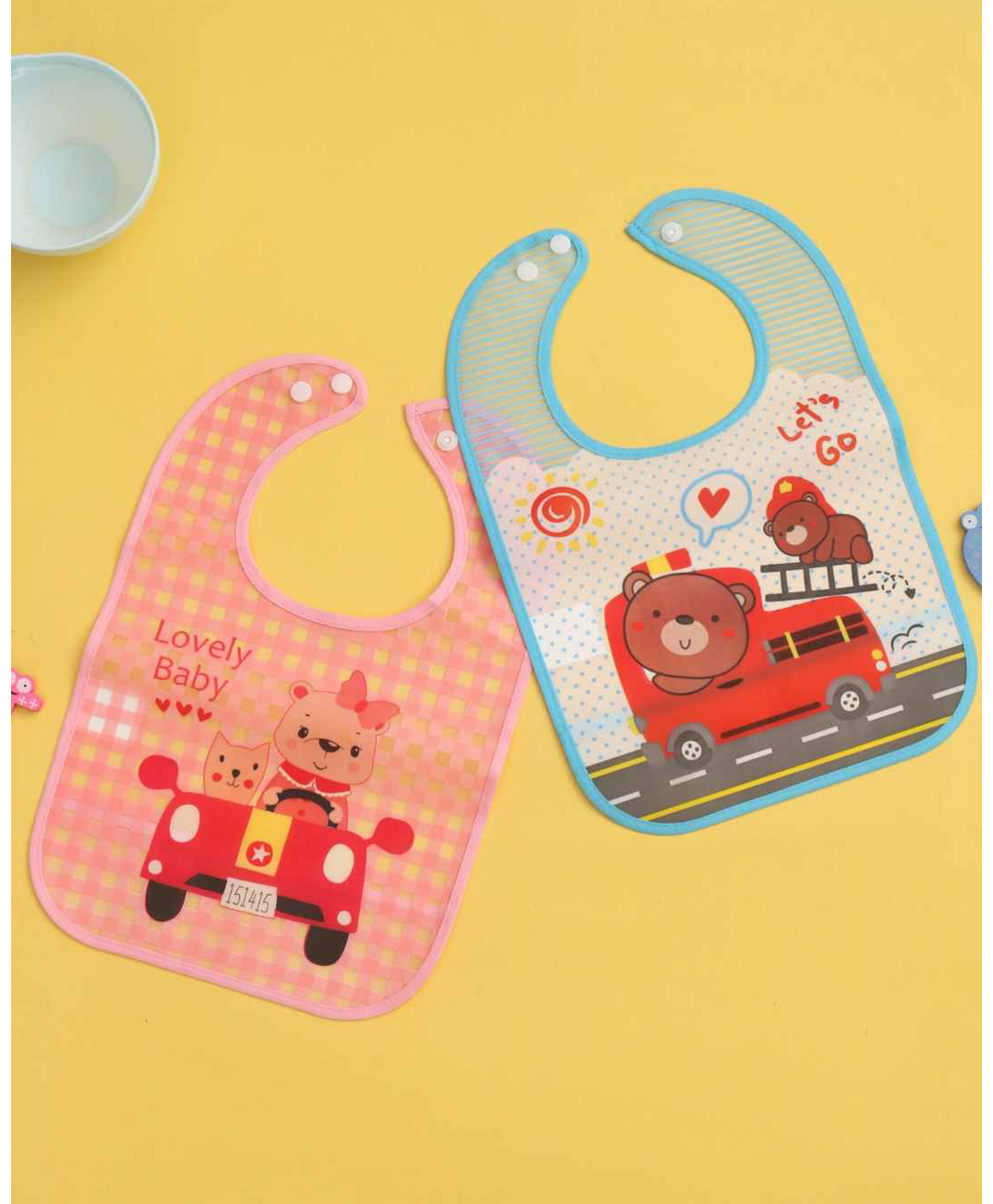 Yellow Bee Set of 2 Bib Combo of Firefighter Bear & Adorable Kitty Design - Blue & Pink-image-33