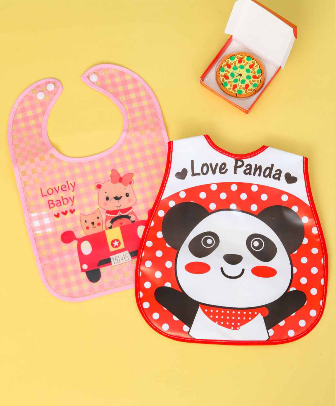 Yellow Bee Set of 2 Bib Combo of Kitty Driving & Happy Panda design - Red & Pink-image-19