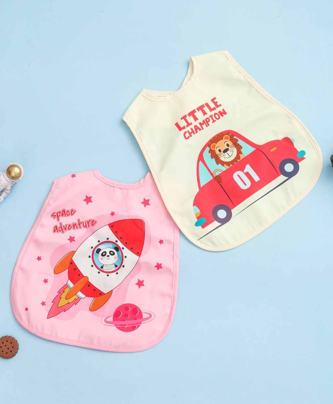 Yellow Bee Set of 2 Waterproof Bib Combo of Champion Lion in Car & Panda in Rocket Print - White & Pink-image-33