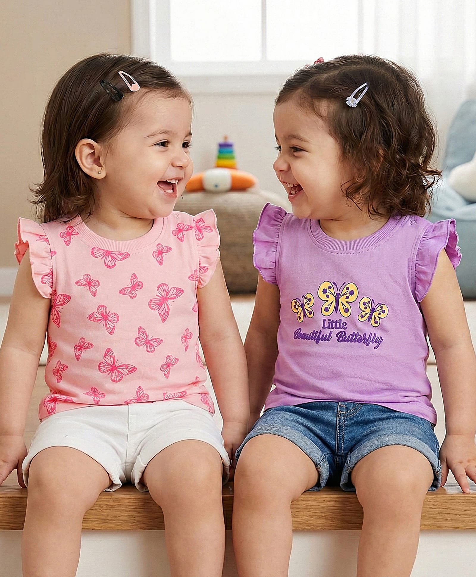 Doodle Poodle 100% Cotton Knit Frill Sleeves Tops with Butterfly Print Pack of 2 - Lavender & Pink-image-25