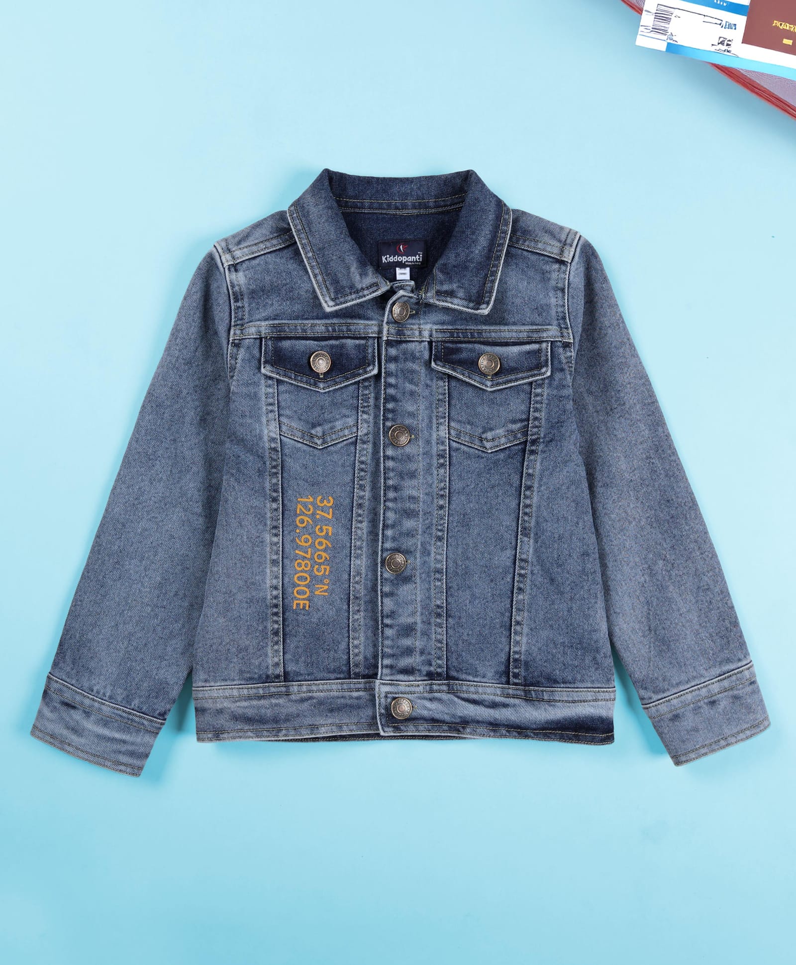 Kiddopanti Denim Woven Full Sleeves Travel Theme Printed Mild Washed Jacket - Blue-picture-21
