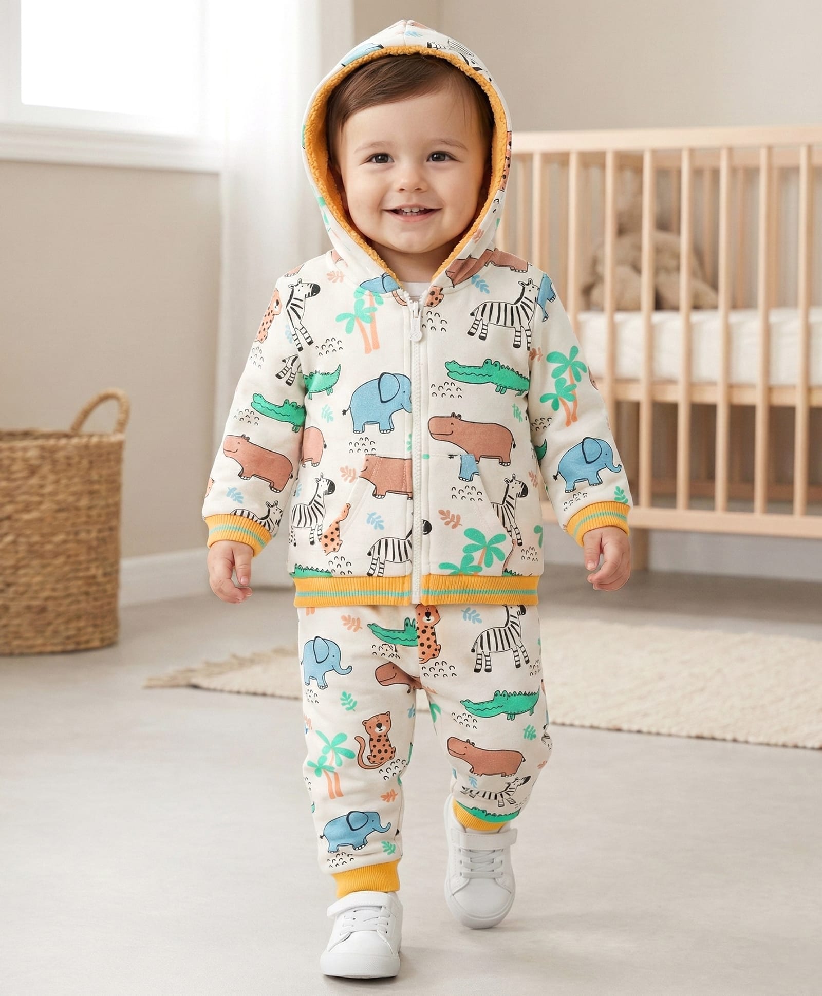 Babyoye 100% Cotton Knit Full Sleeves Hooded Co-ords Winter Wear Set with Animal Print - Multicolor-picture-3