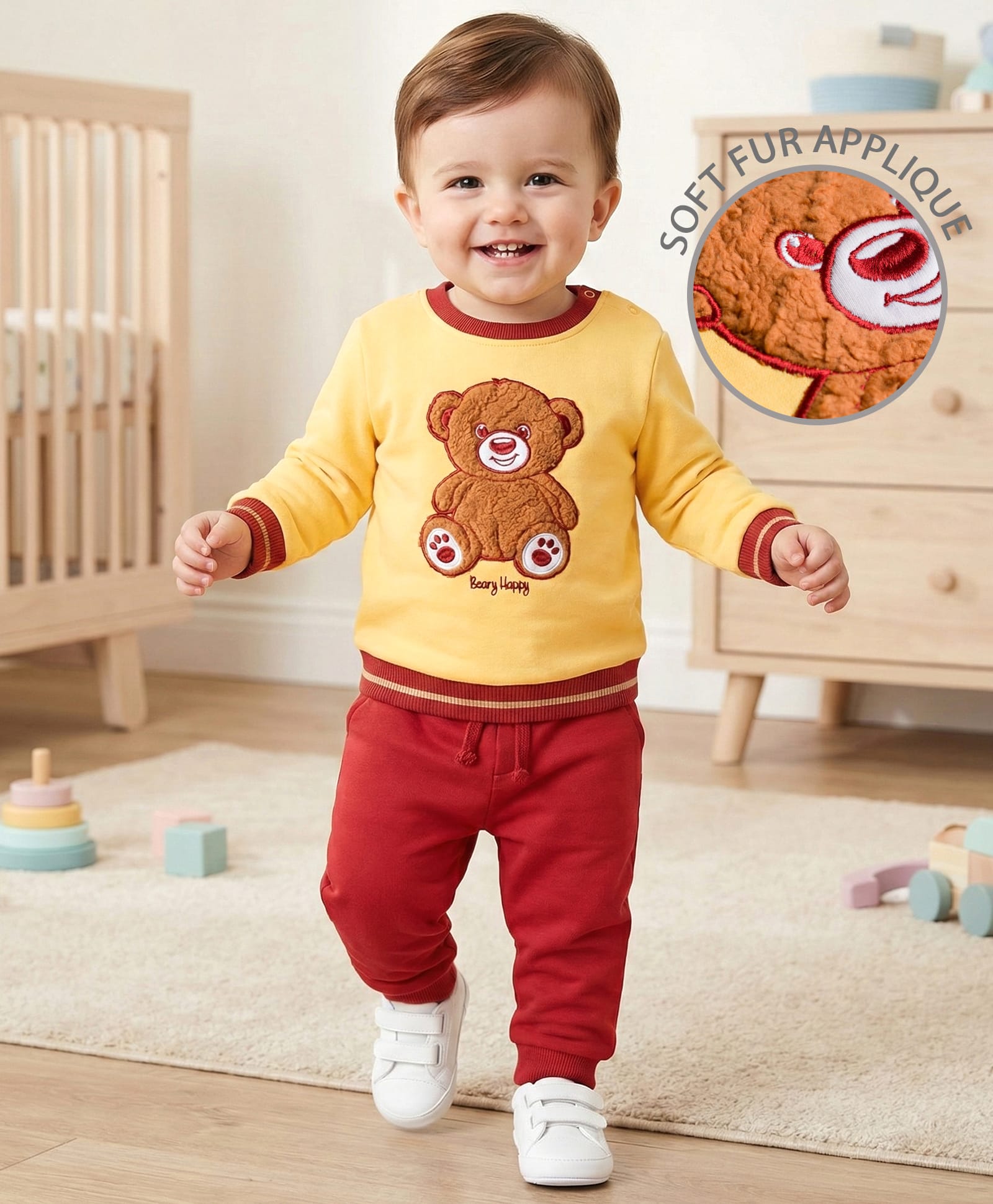 Babyoye 100% Cotton Knit Full Sleeves Winter Wear Suit Set with Embroidered Teddy - Red & Cream
