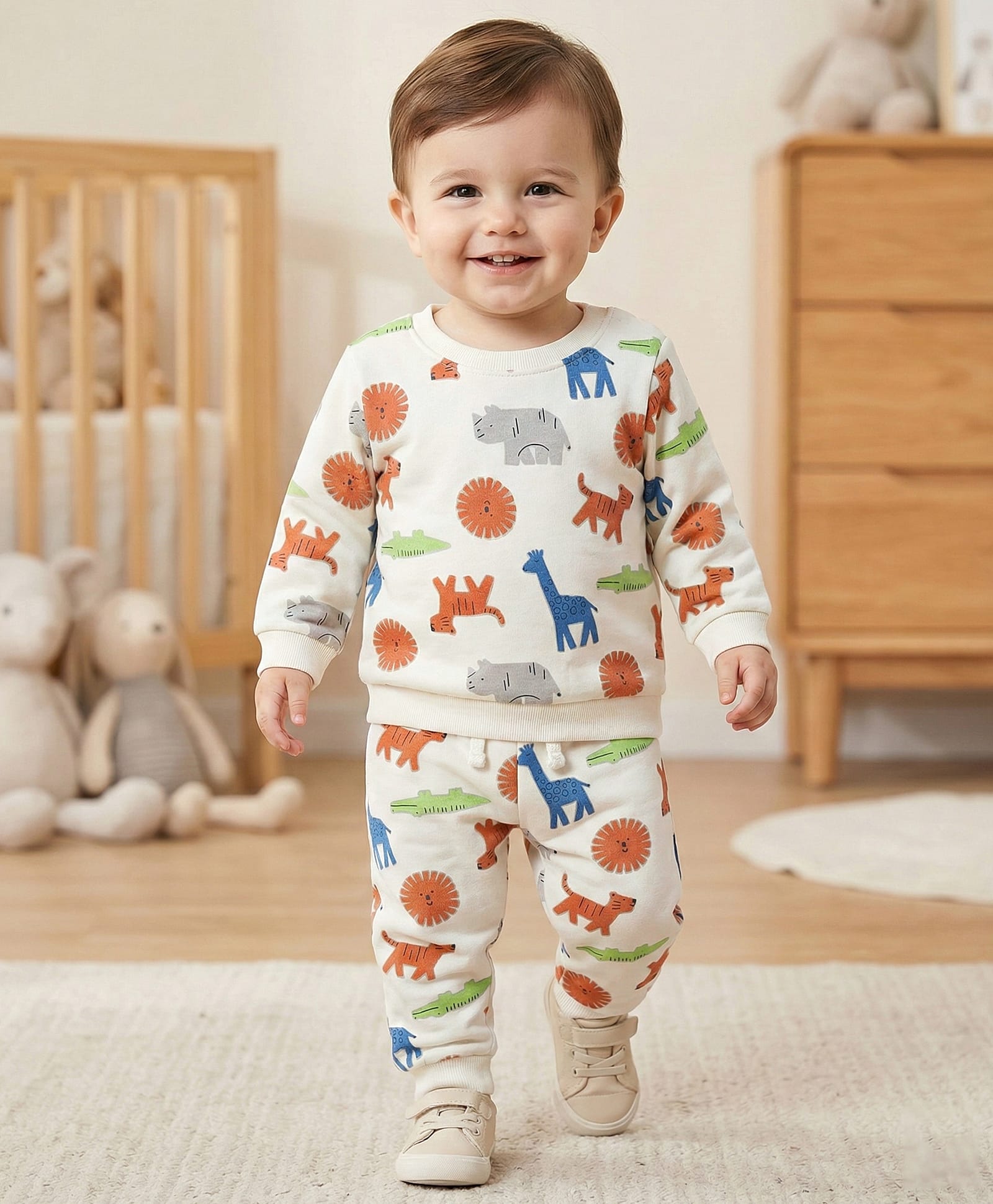 Babyoye 100% Cotton Knit Full Sleeves Co-ords Winter Wear Suit with Animal Print - Multicolor