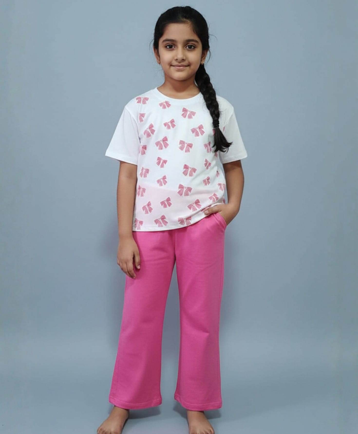 Funkrafts Knitted Half Sleeves Bow Printed Tee & Pyjama Set - White & Pink-picture-19