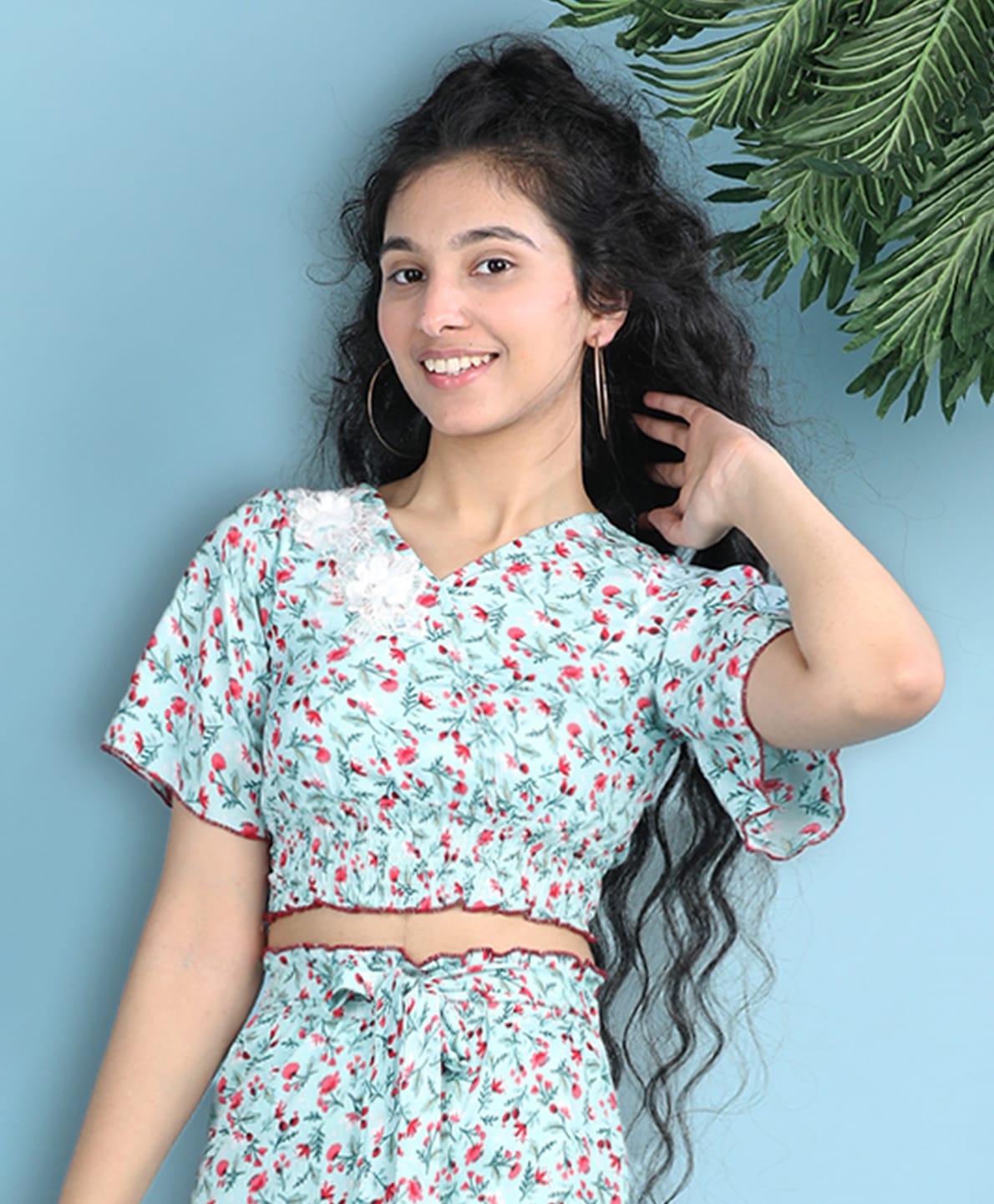 Cutiekins Woven Half Sleeves Floral Printed Crop Top - Pista Green & Pink-picture-22