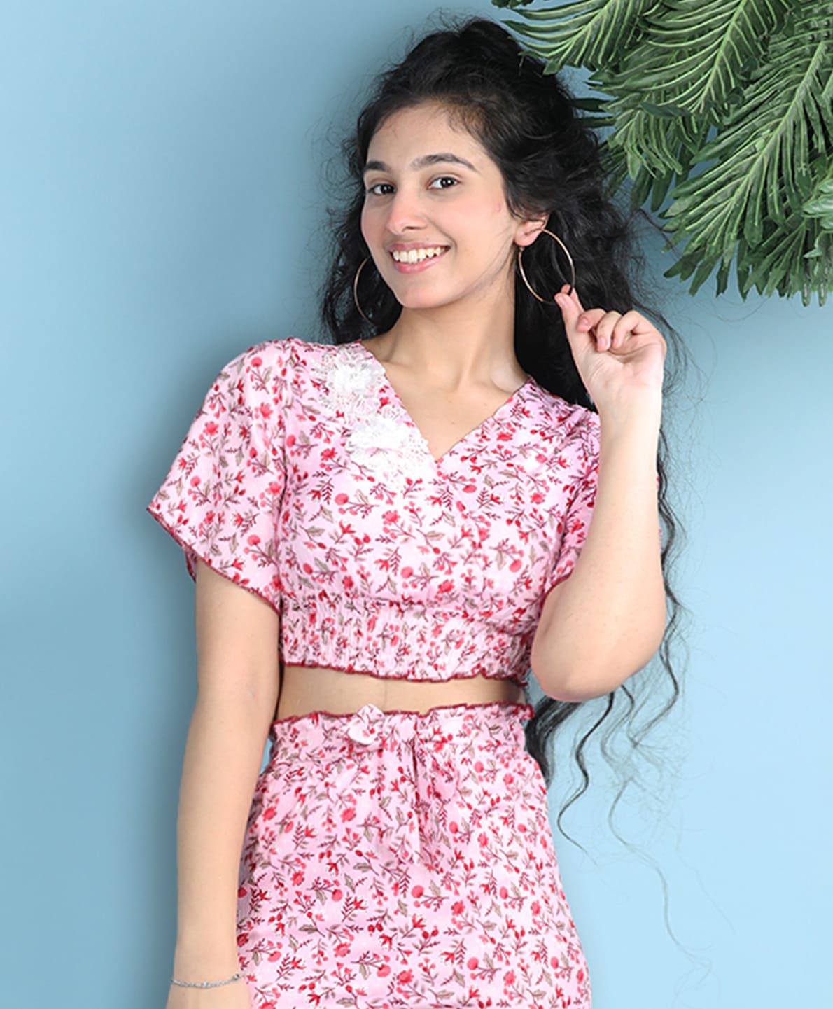 Cutiekins Woven Half Sleeves Floral Printed Crop Top - Pink & Red-picture-21