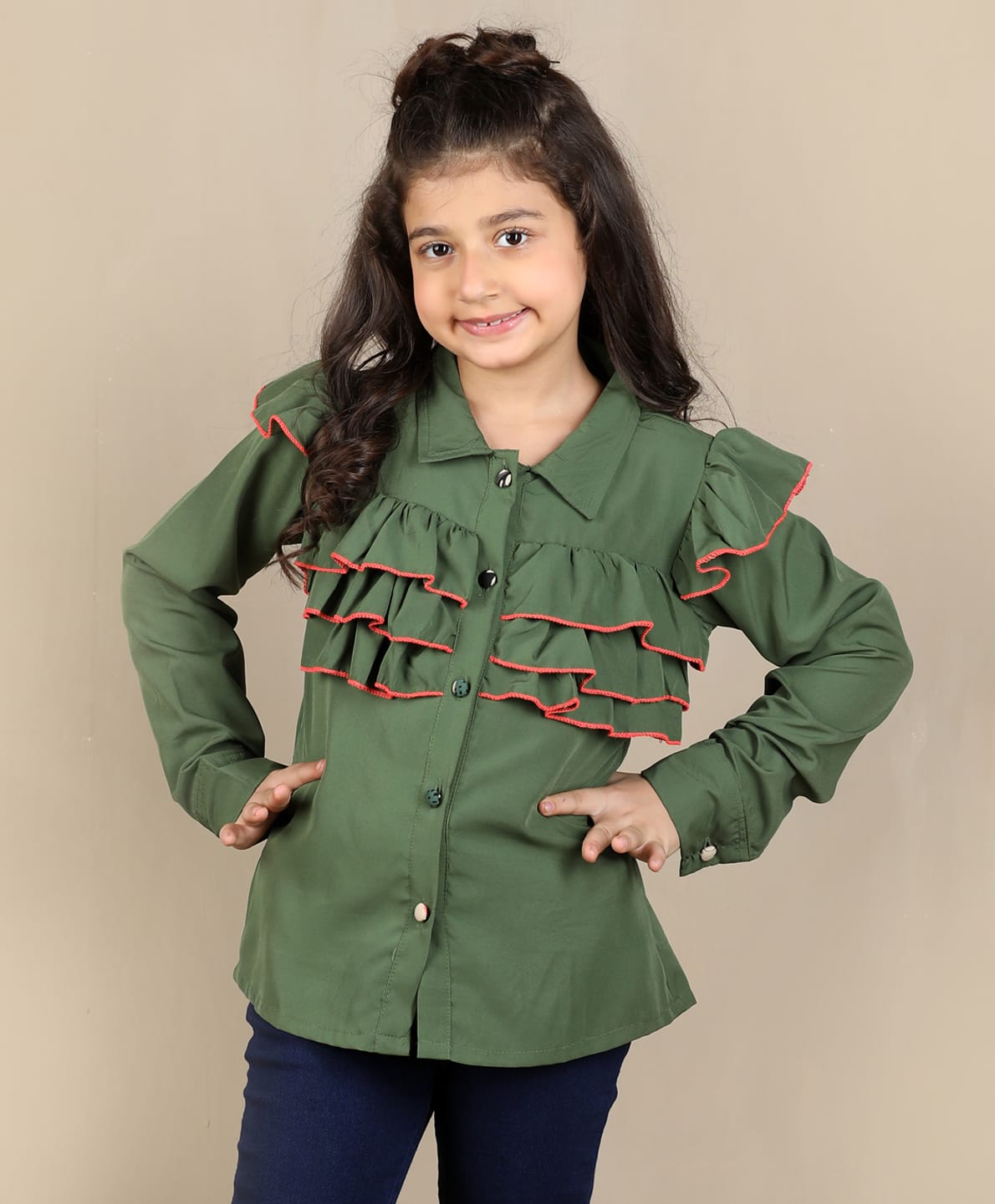 Cutiekins Woven Full Sleeves Frill Detailed Shirt Style Top - Olive Green-picture-15