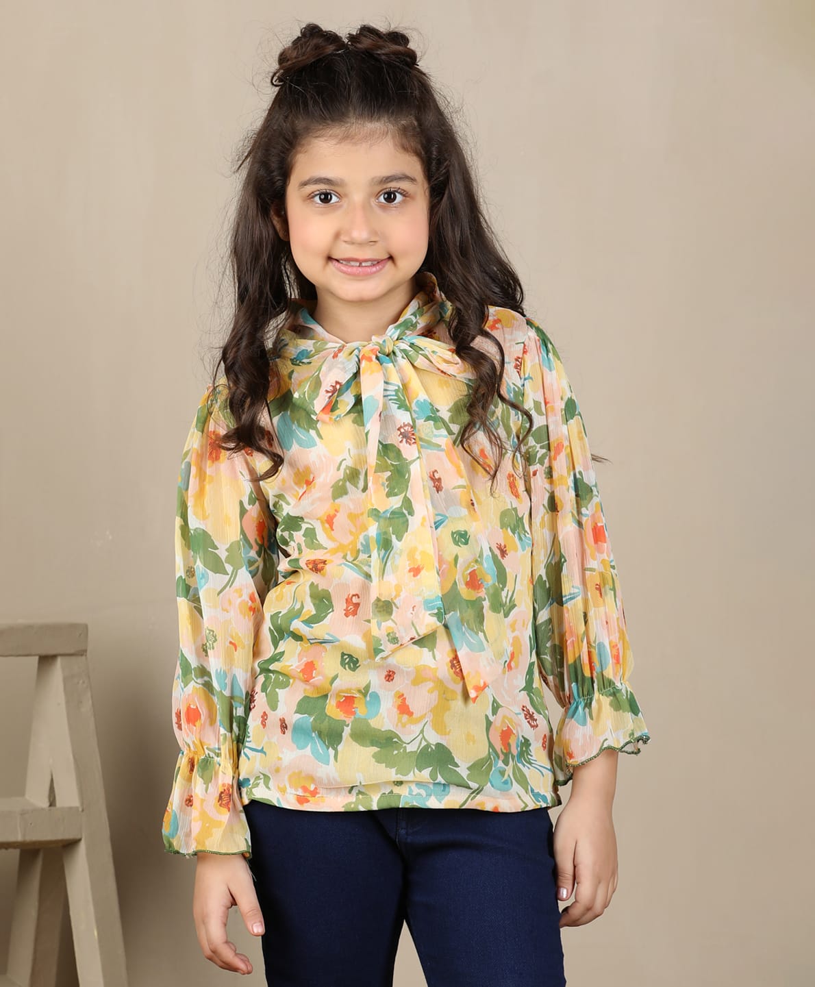 Cutiekins Woven Full Sleeves Floral Printed Top - Cream-image-2