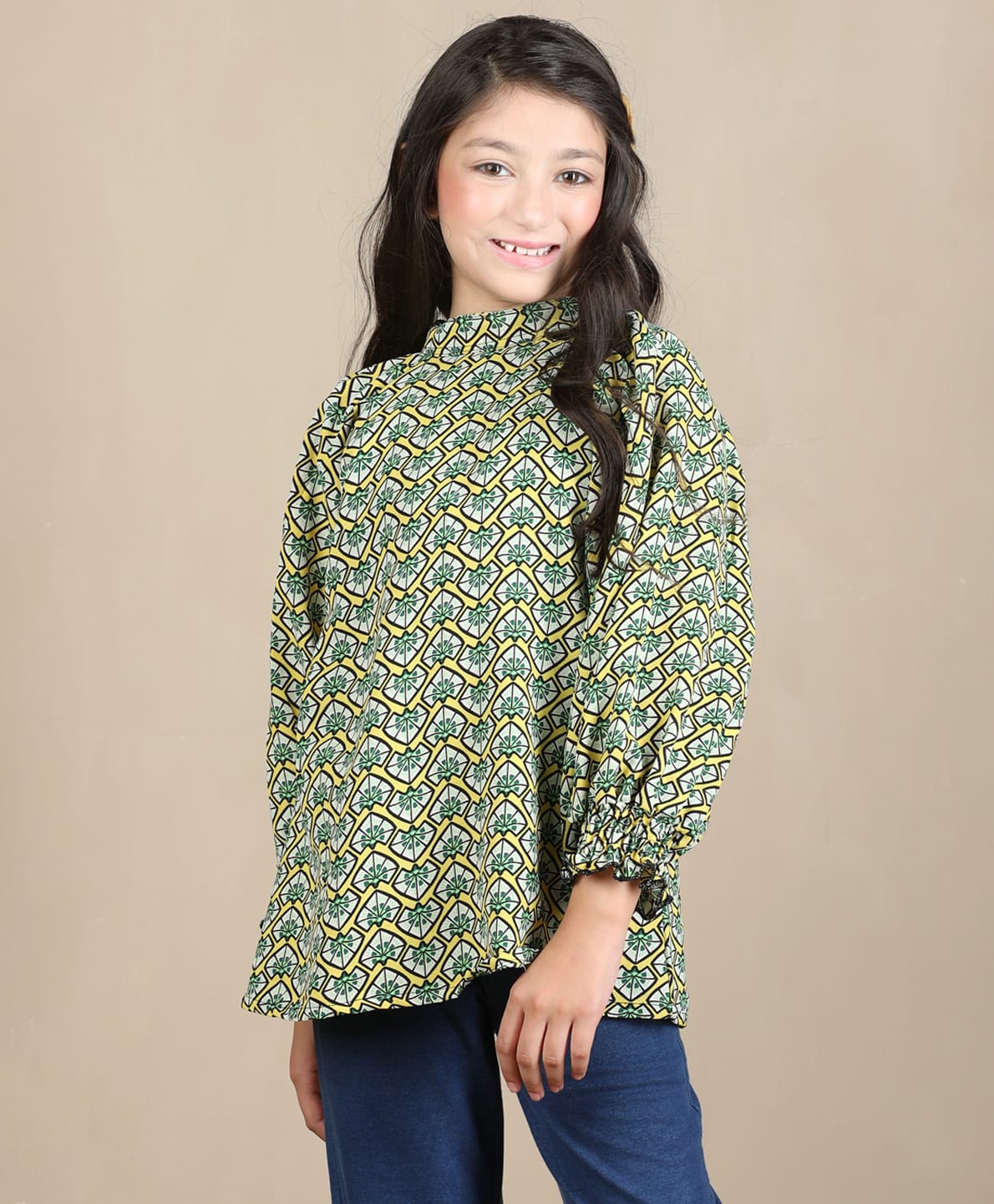 Cutiekins Woven Full Sleeves Geometric Printed Top - Black & Yellow-image-40