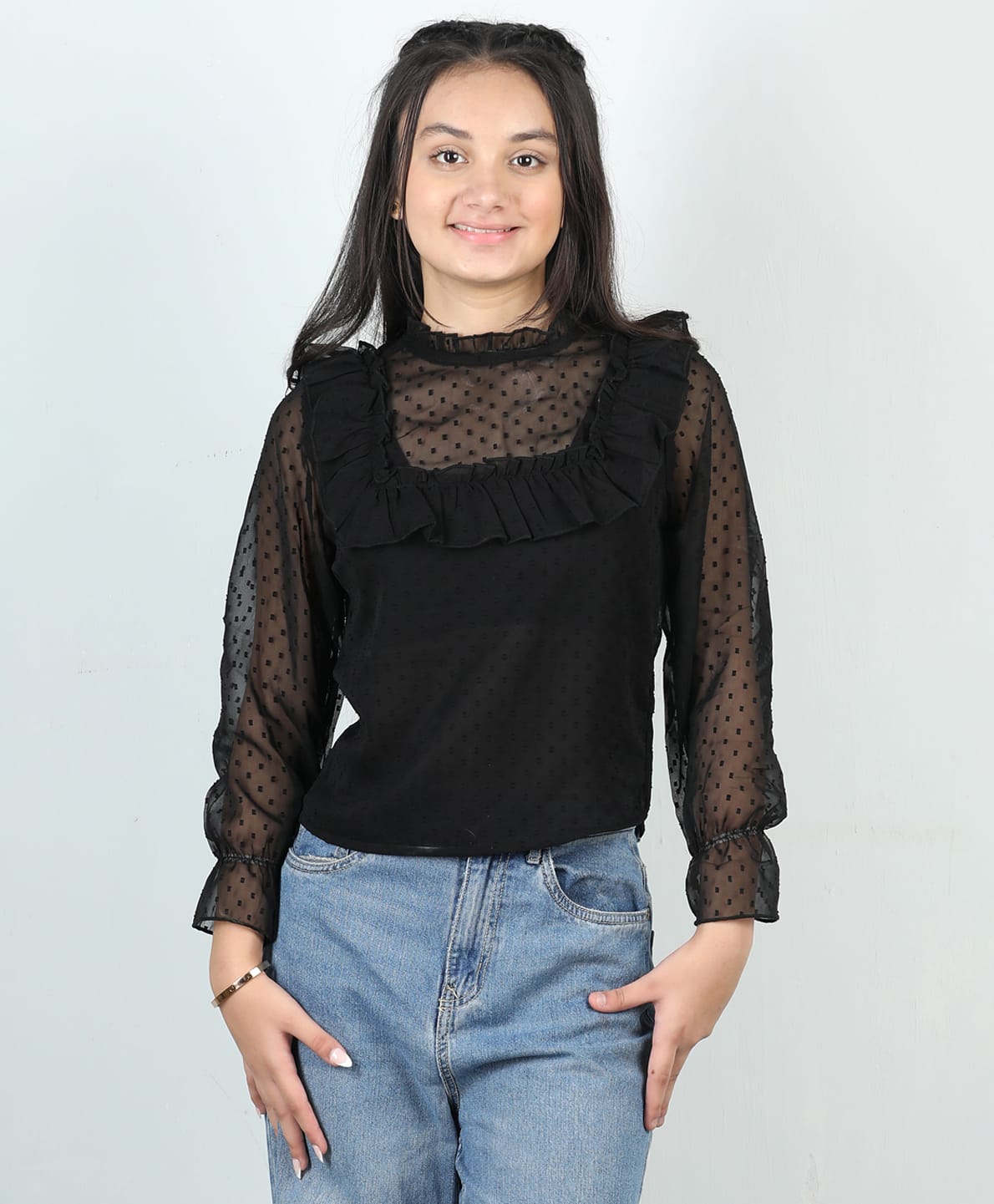 Cutiekins Woven Full Sleeves Net Detailed Top - Black-picture-23