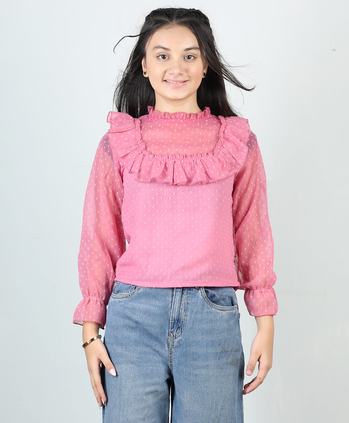Cutiekins Woven Full Sleeves Net Detailed Top - Pink-image-13