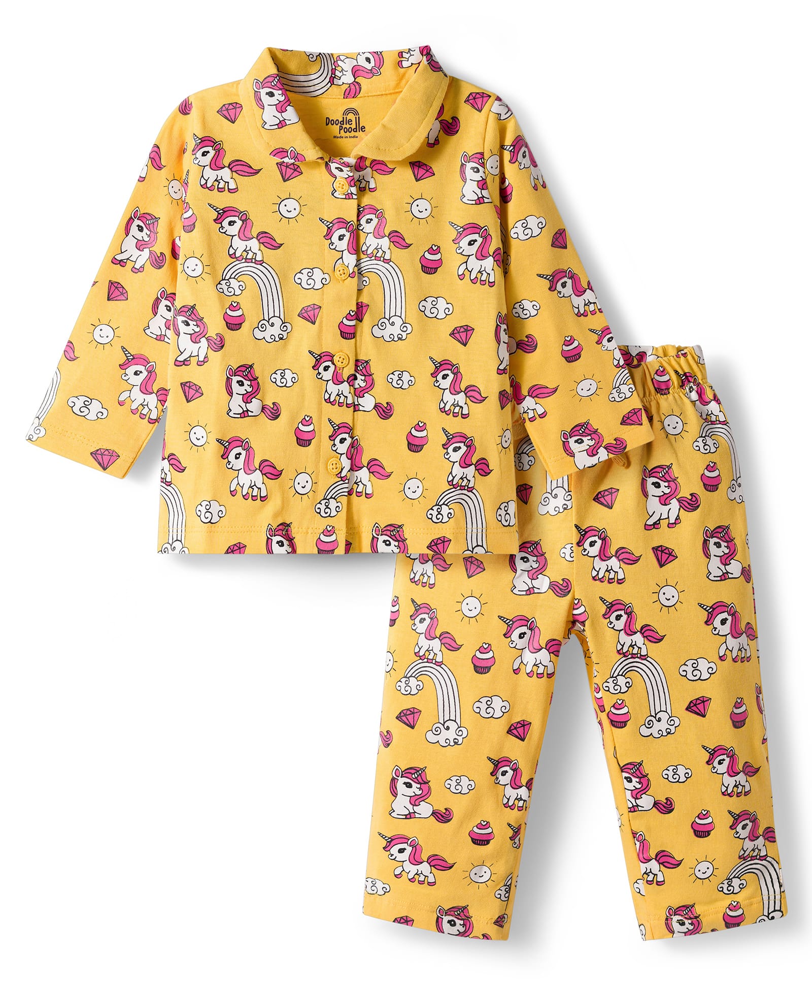 Doodle Poodle 100% Cotton Knit Full Sleeves Shirt & Pyjama Co-ord Night Suit With Unicorn & Rainbow Print - Yellow-image-48