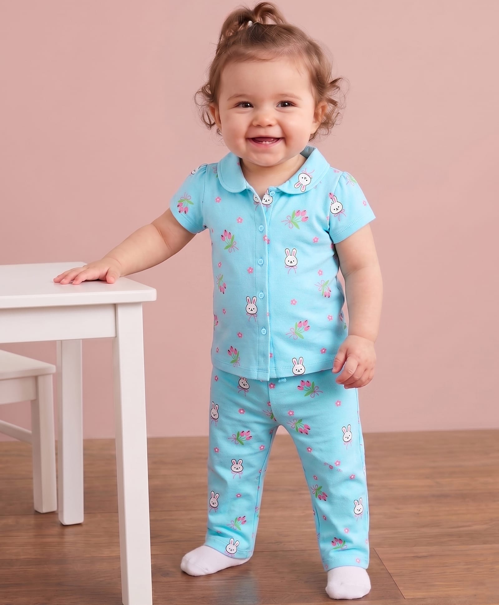 Doodle Poodle 100% Cotton Knit Half Sleeves Shirt & Pyjama Co-ord Night Suit with Bunny Print - Turquoise-image-12