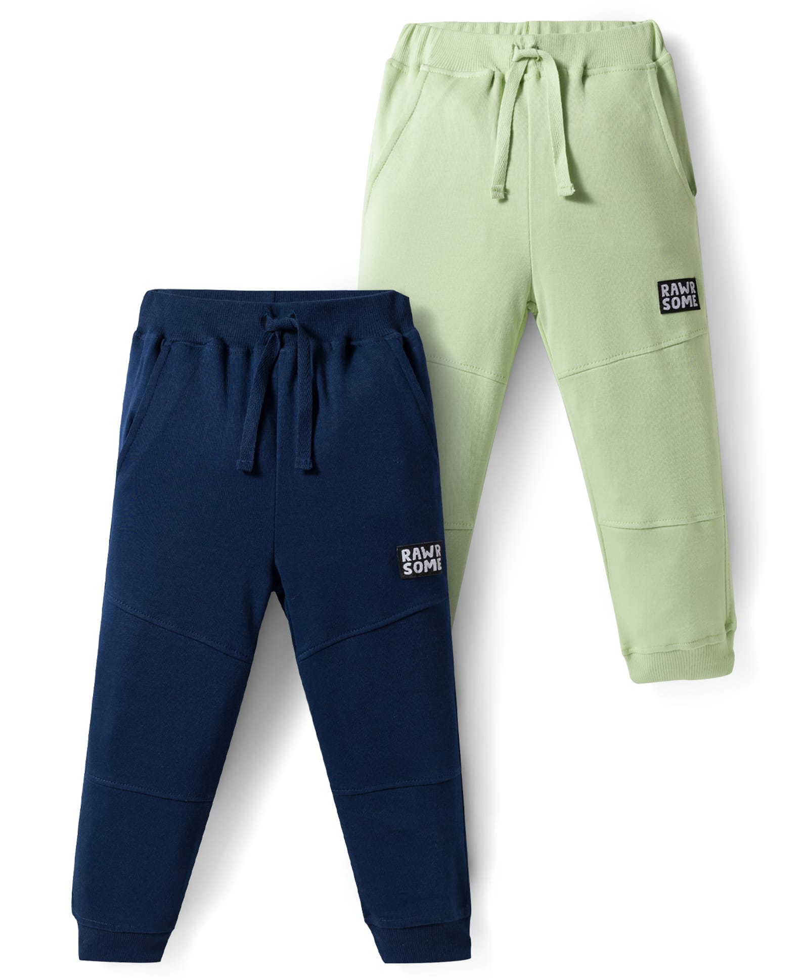 Bonfino 100% Cotton Knit Full Length Solid Colour Joggers with Canvas Badge Pack of 2 - Green & Navy Blue-picture-26