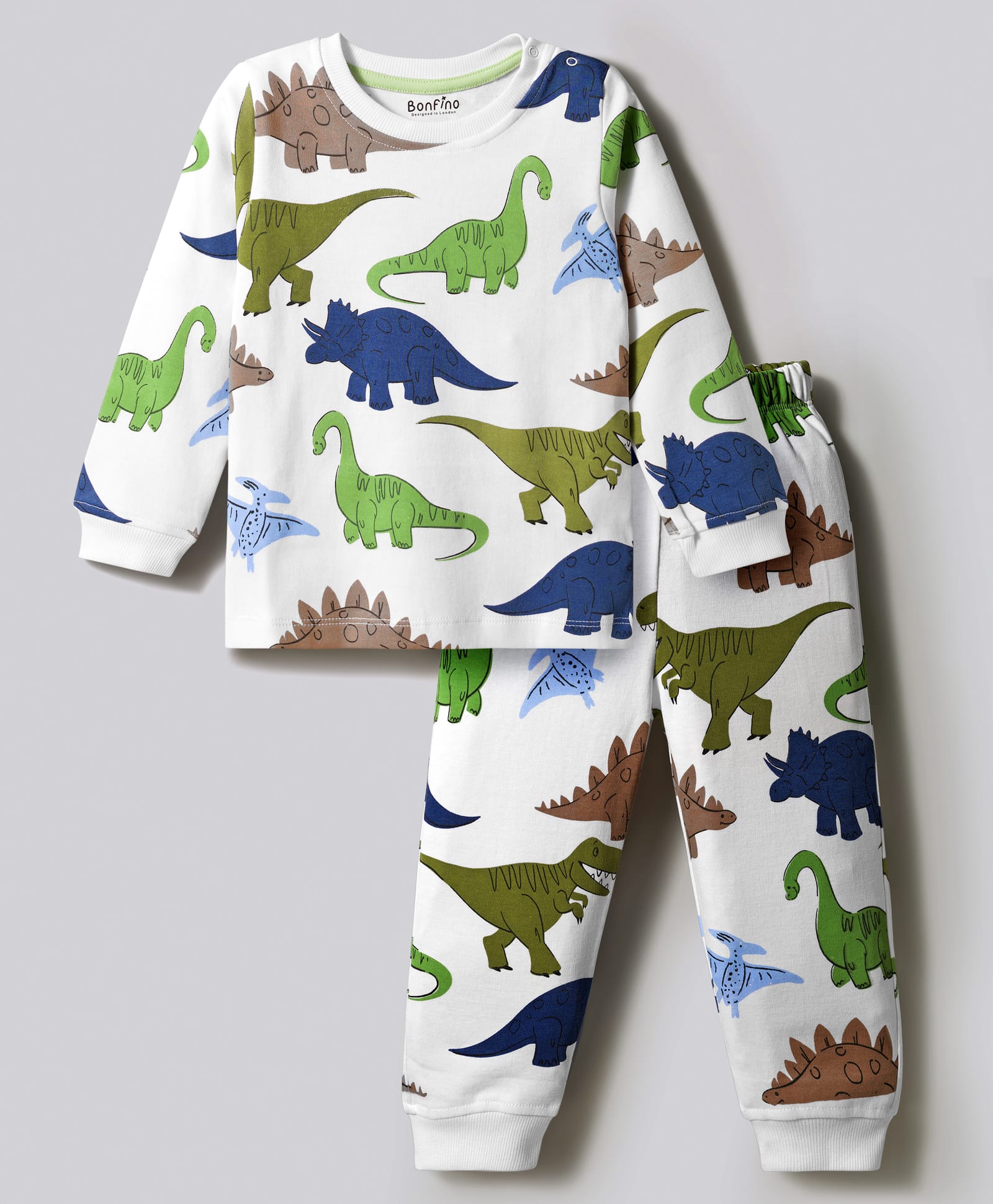 Bonfino 100% Cotton Knit Full Sleeves Dino Printed Co-Ords T-Shirt & Pyjama Night Suit - White-picture-36