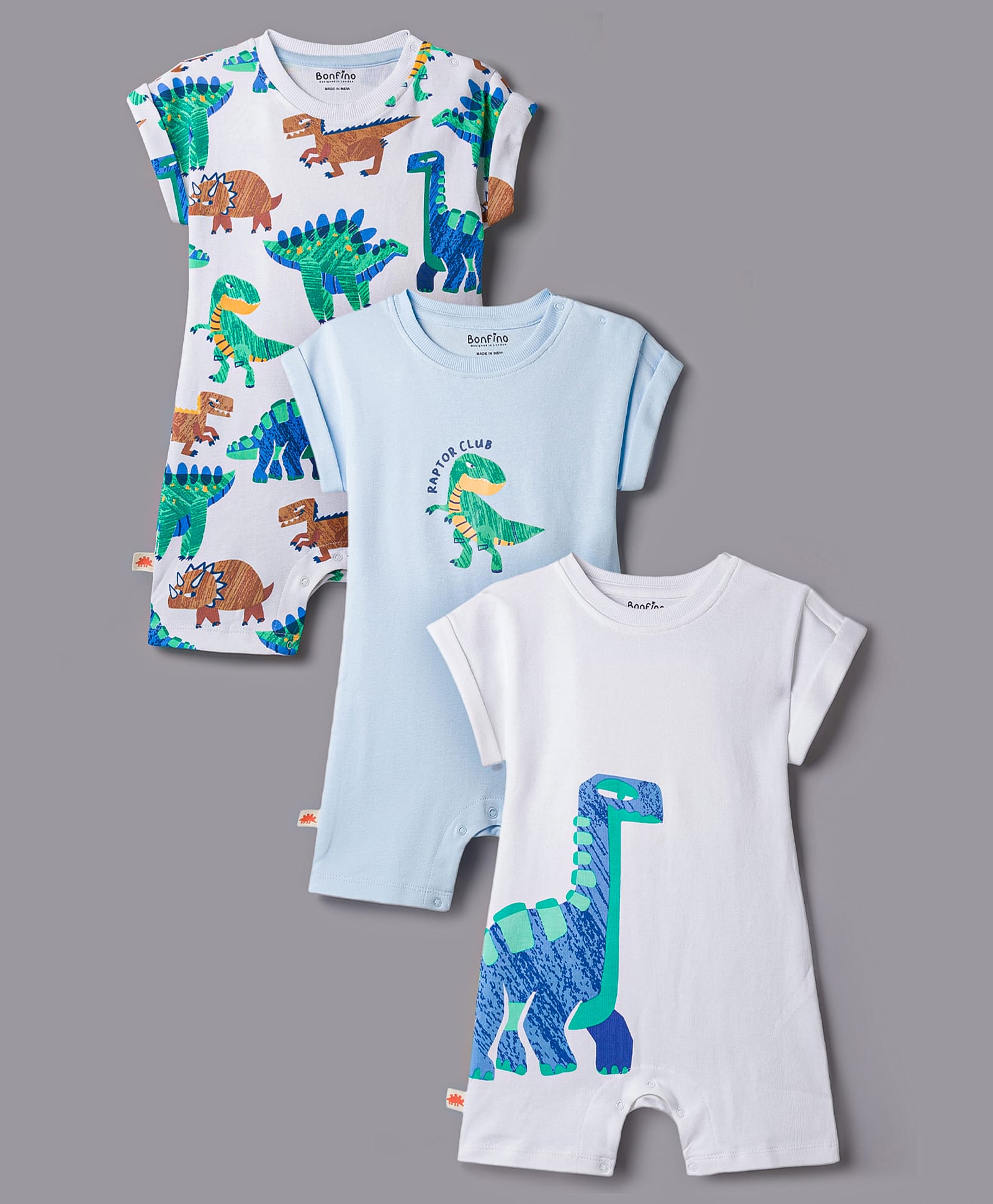 Bonfino 100% Cotton Knit Half Sleeves Rompers With Dino Print Pack of 3 - Multicolor-picture-2